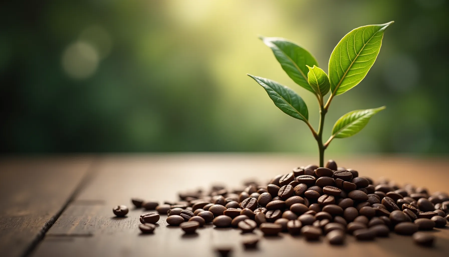 A young coffee plant grows among a pile of coffee beans, representing the best coffee brands.