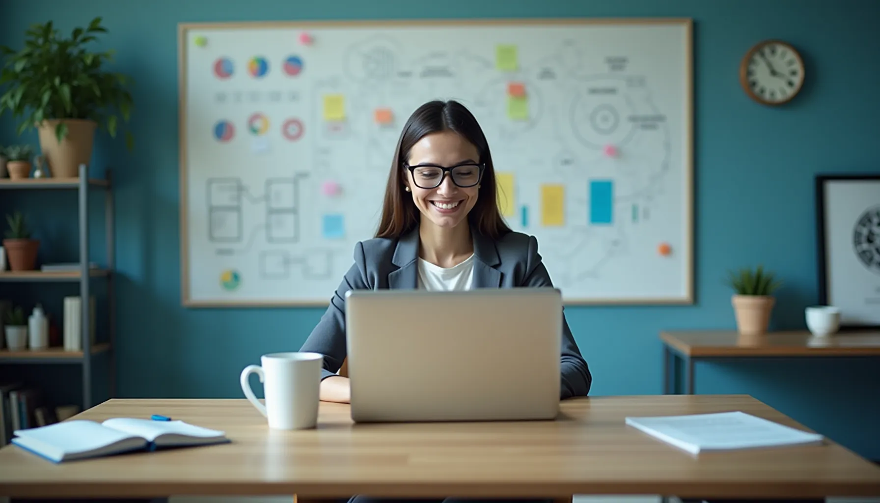 A woman sits at a desk excitedly engaging with her laptop while learning through ai courses.