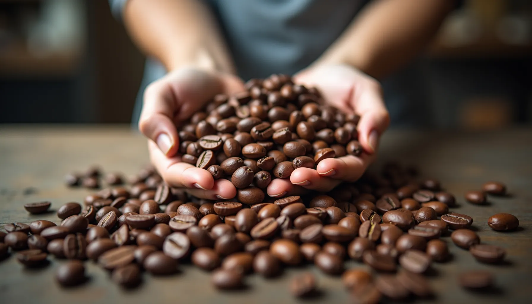 Hands holding a mound of coffee beans on a wooden surface, representing groundwork coffee.