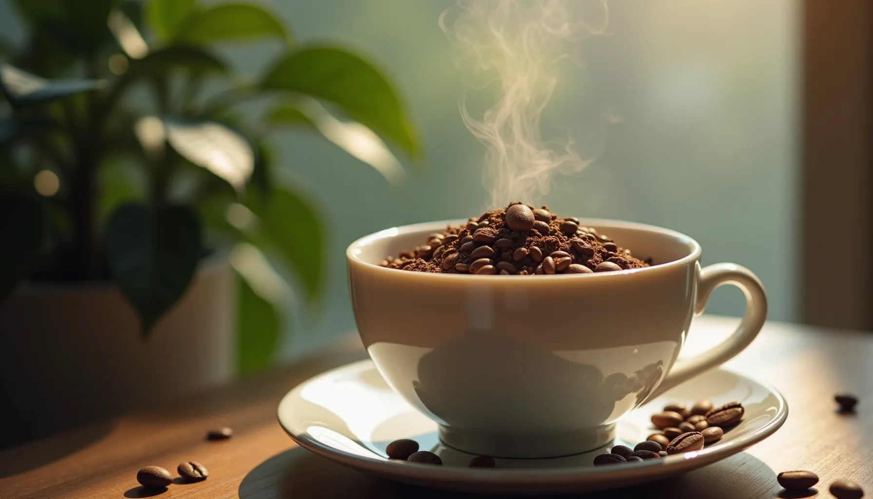 A steaming cup filled with sey coffee beans sits on a wooden table beside a green plant.