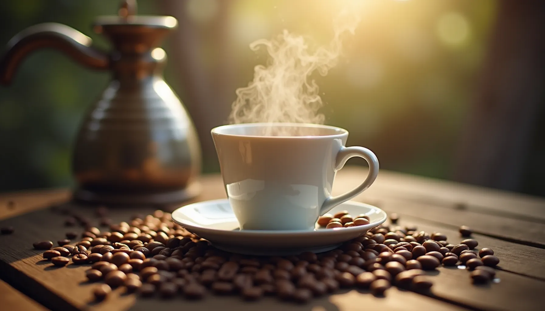 A steaming cup of minuti coffee sits on a saucer surrounded by coffee beans in soft lighting.