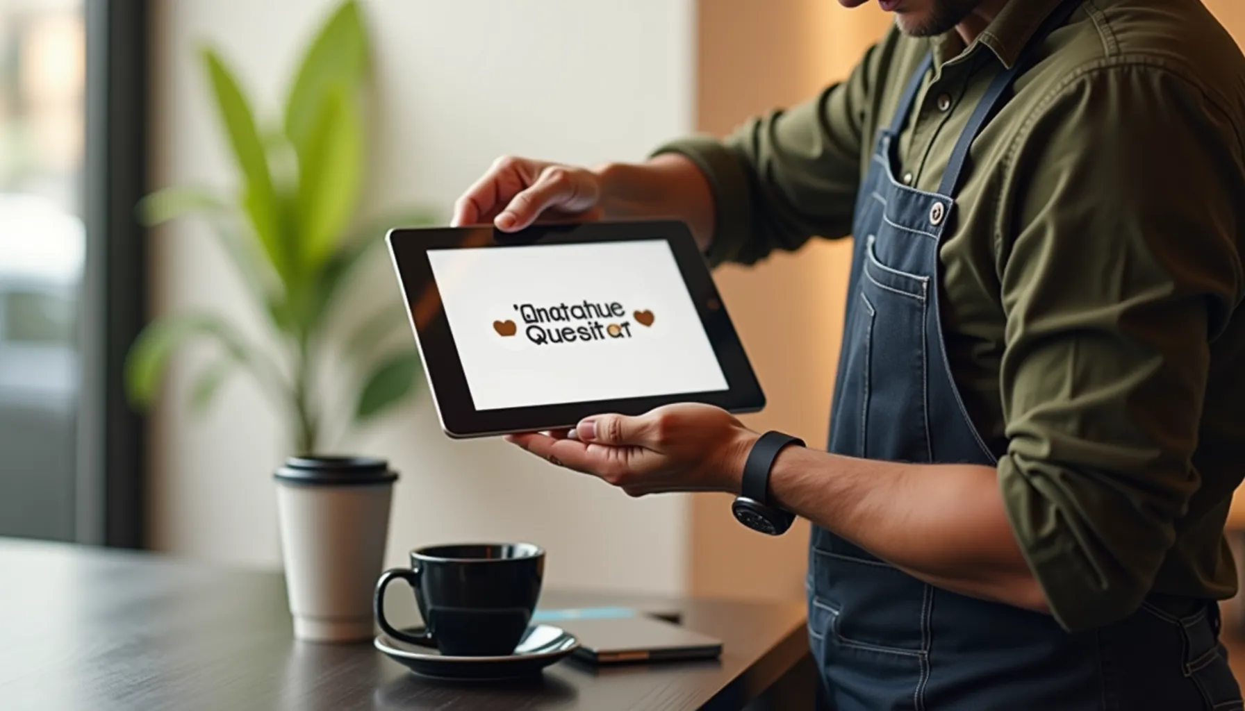 A man presents a tablet displaying a logo while enjoying a cup of utica coffee.