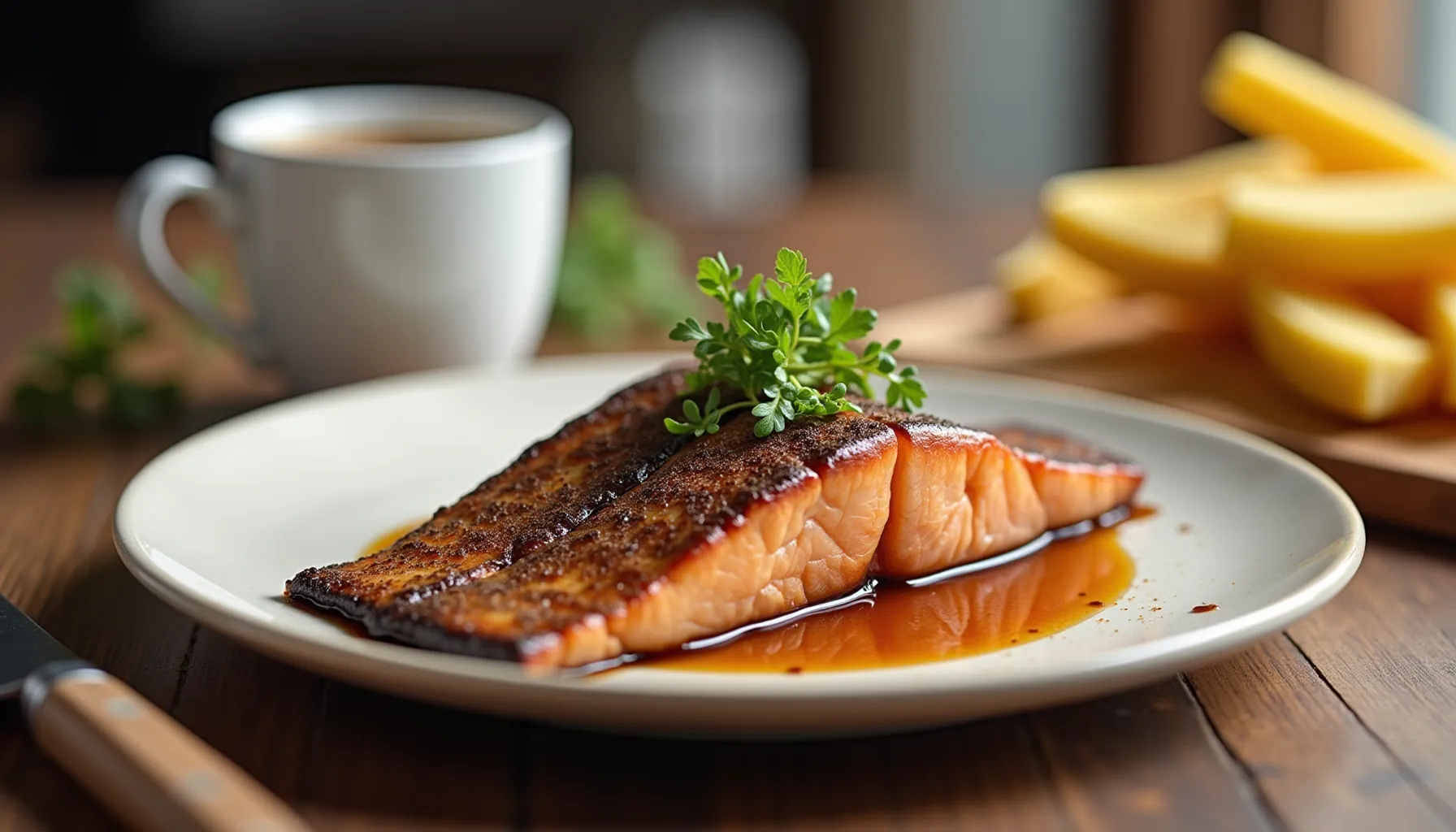 A plate featuring a beautifully cooked trout fillet alongside a cup of steaming coffee.