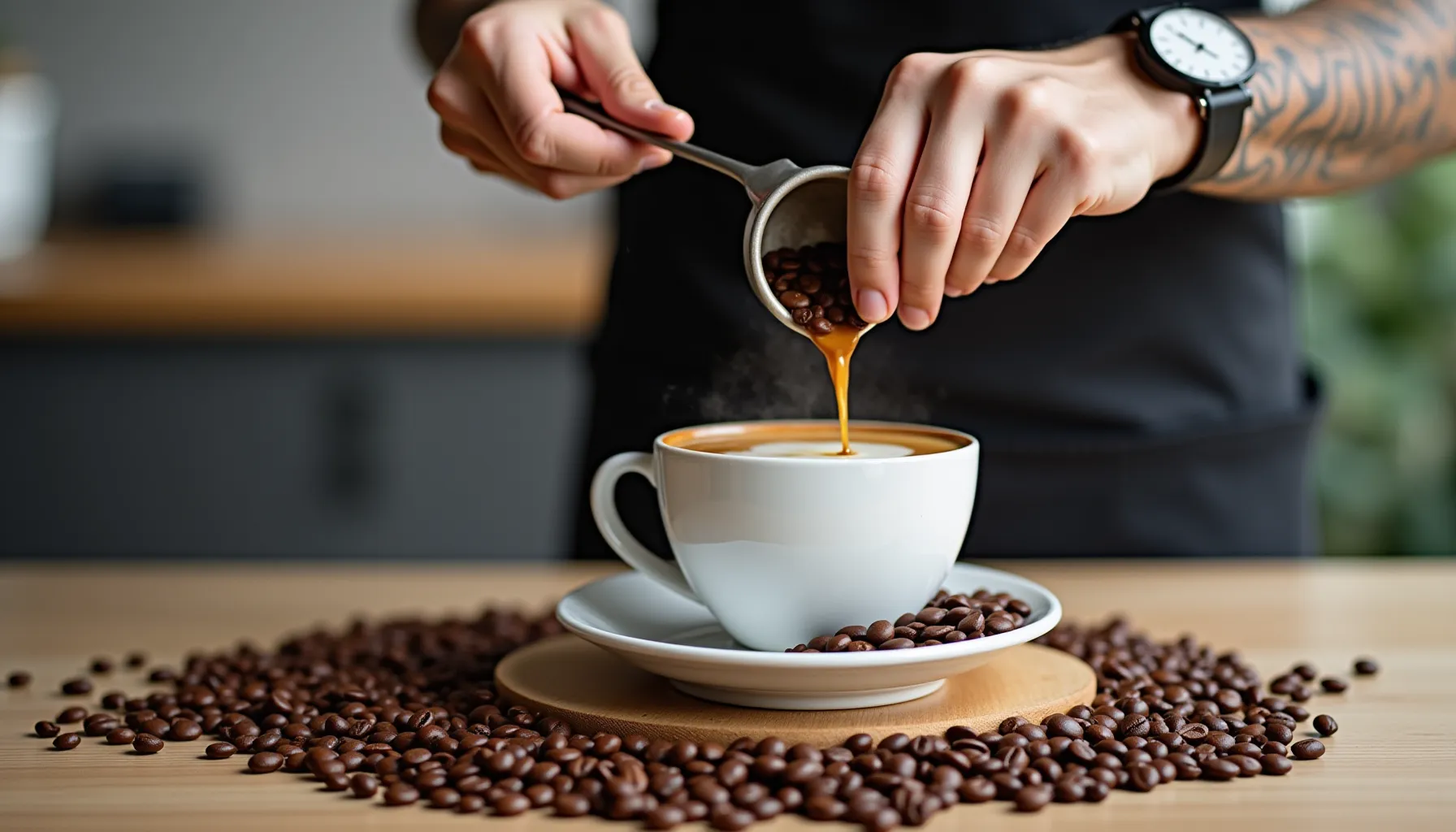 A barista prepares a cup of dark matter coffee, pouring brewed espresso over coffee beans.