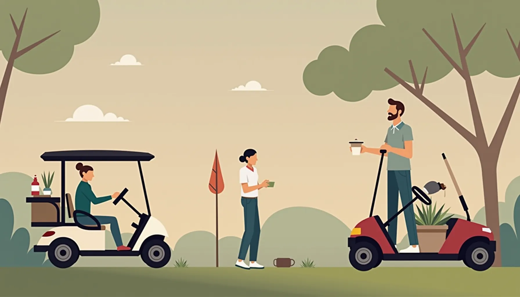 A scene depicting golfers enjoying ryders cup coffee while interacting on the golf course.