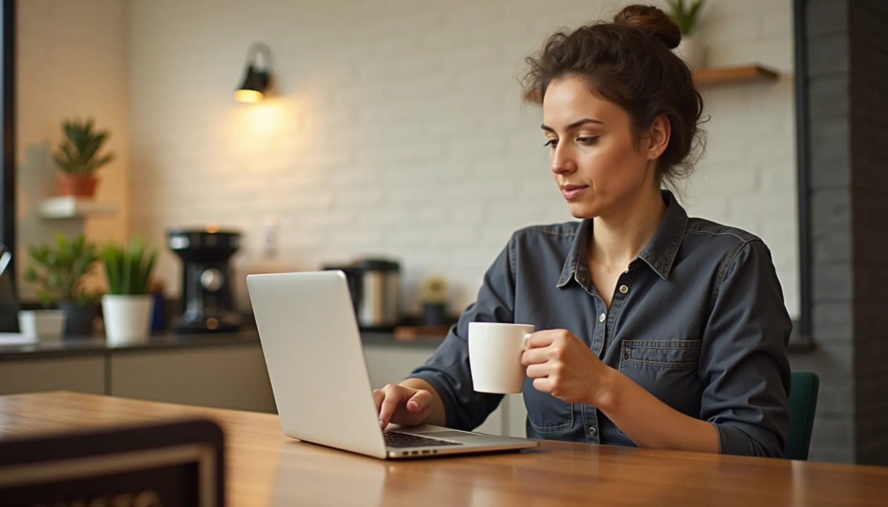 A woman enjoys a cup of spyhouse coffee while working on her laptop in a cozy cafe setting.