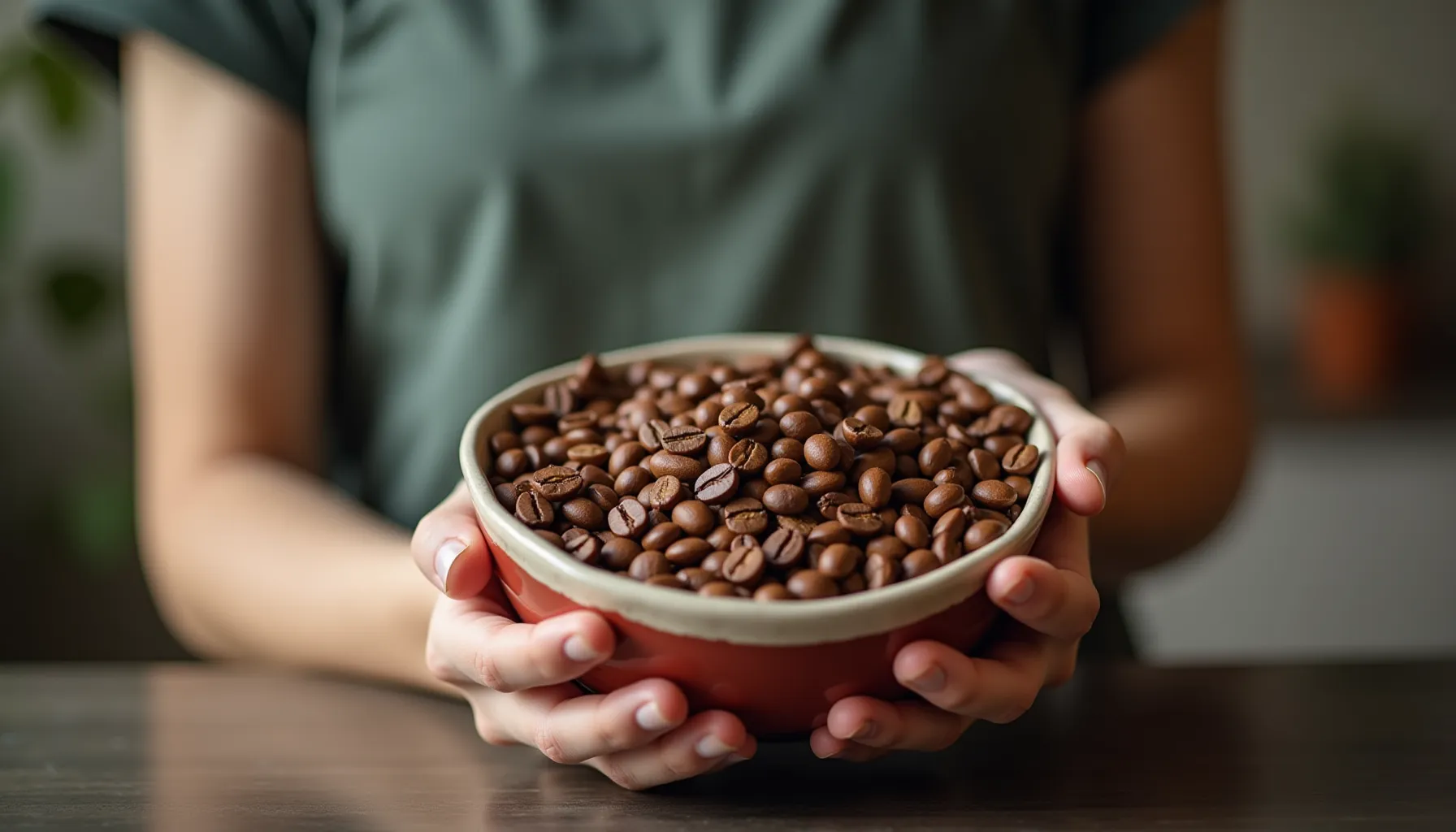 A person holds a bowl filled with roasted yuban coffee beans, showcasing their rich color and texture.