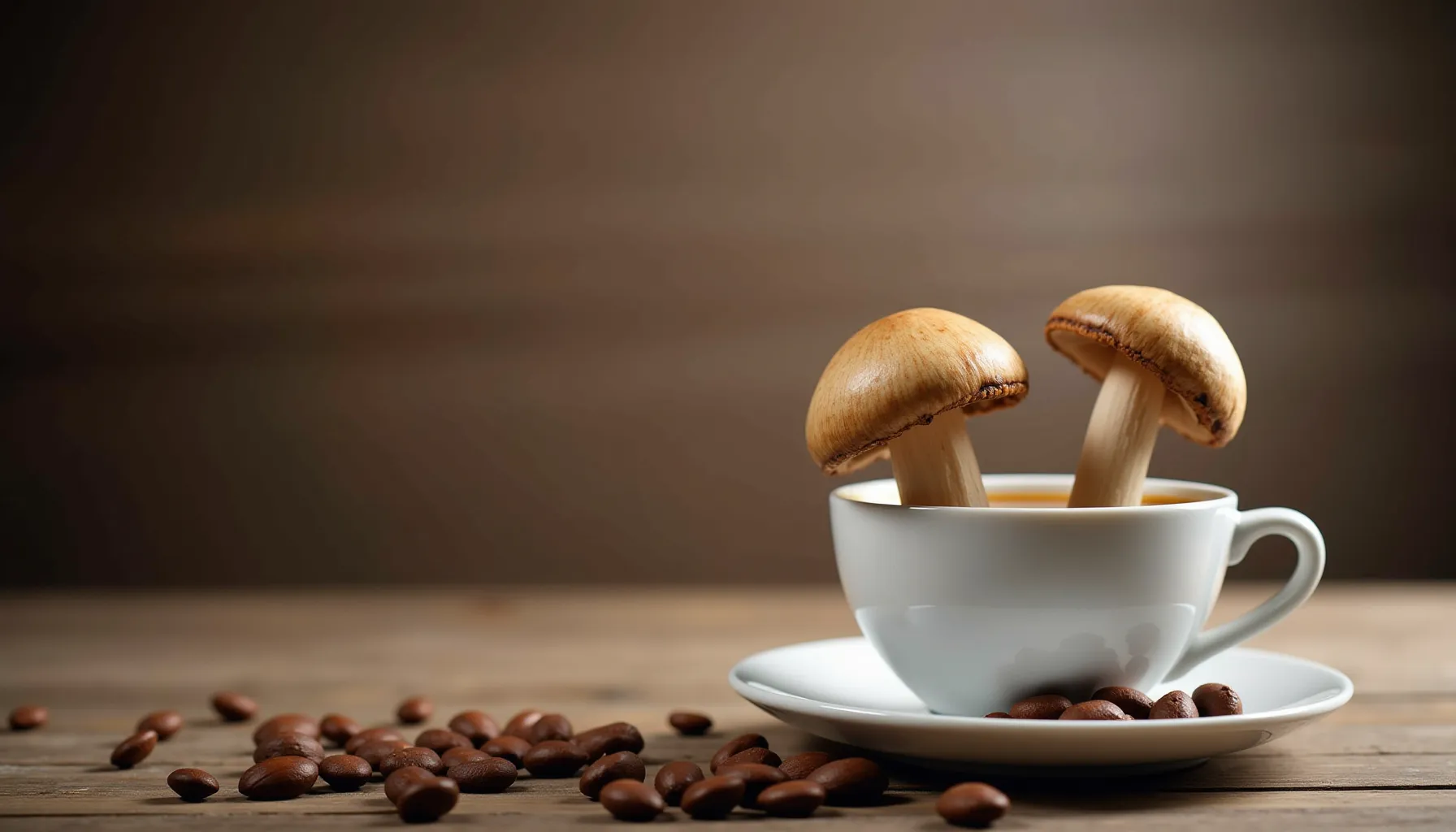 A cup of coffee with mushrooms emerging, highlighting beyond brew mushroom coffee's unique flavor.