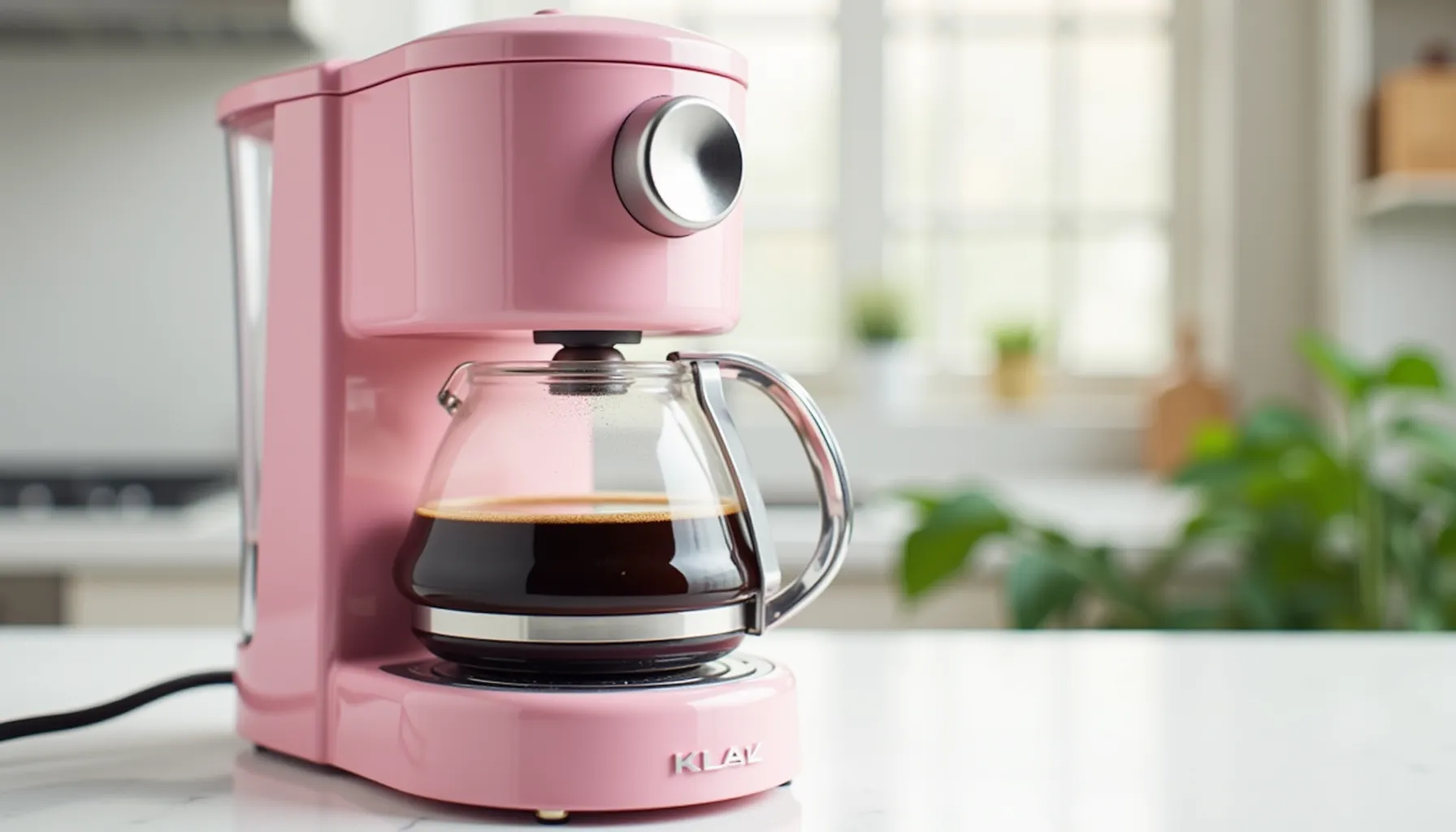 A stylish pink coffee maker sits on a counter with a glass carafe filled with brewed coffee.