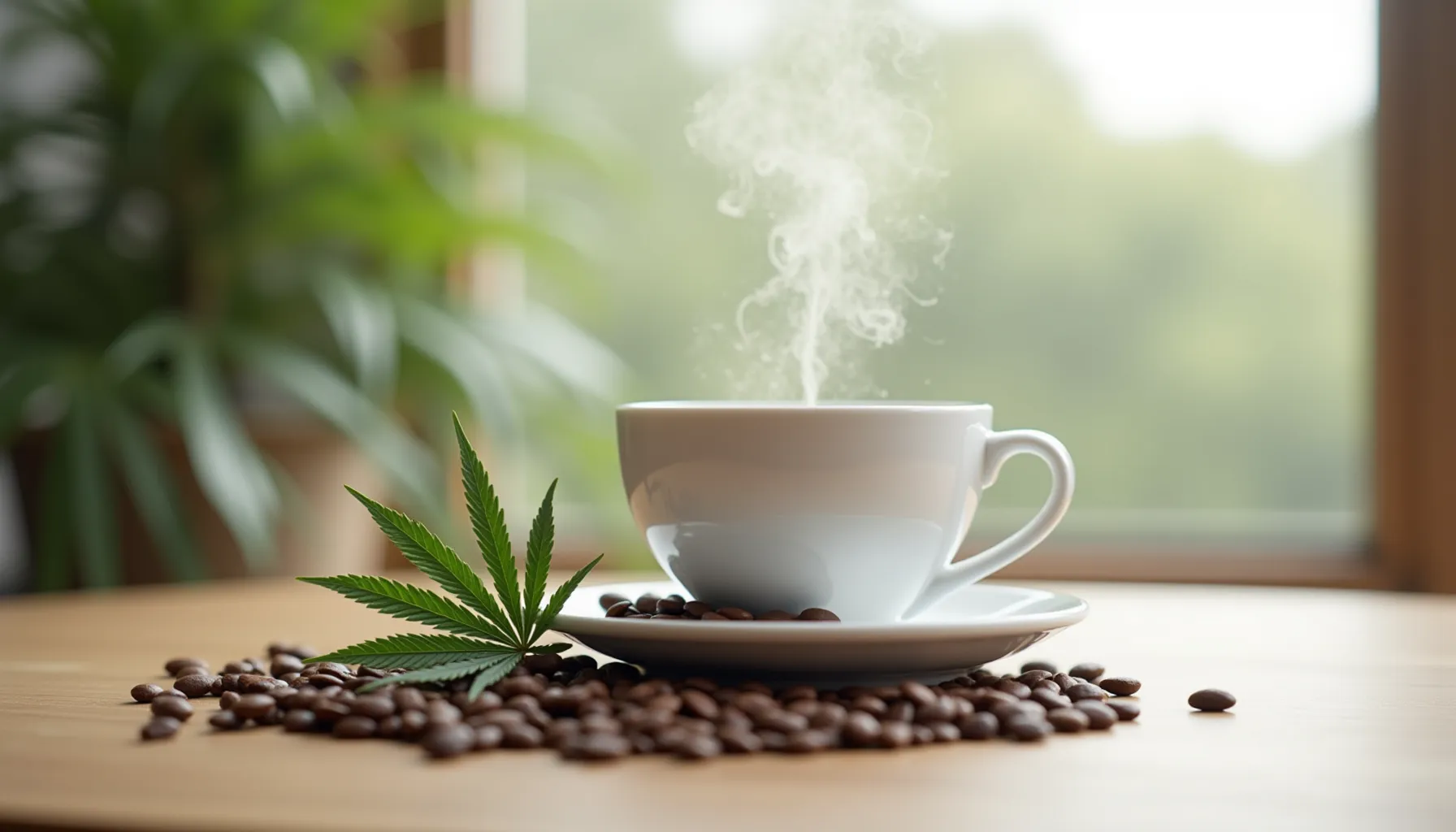 A steaming cup of coffee sits on a saucer at the wild coffee bar dispensary, surrounded by coffee beans.