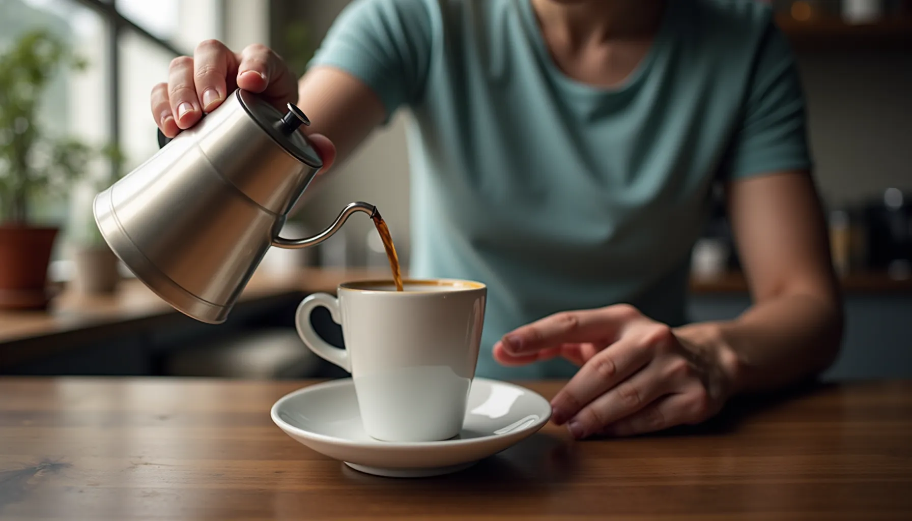 A person pours coffee from a pot into a cup, featuring a gevalia coffee maker in the background.