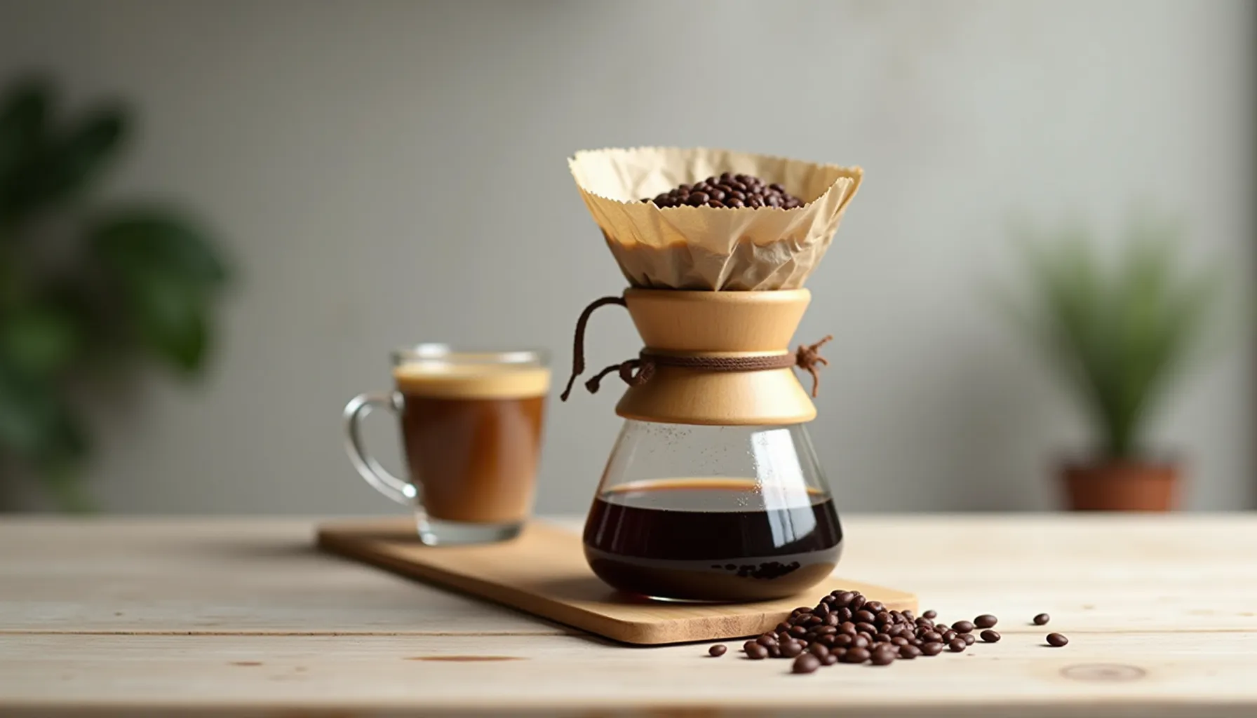 A stylish coffee setup featuring a coffee filter substitute, brewed coffee, and coffee beans.