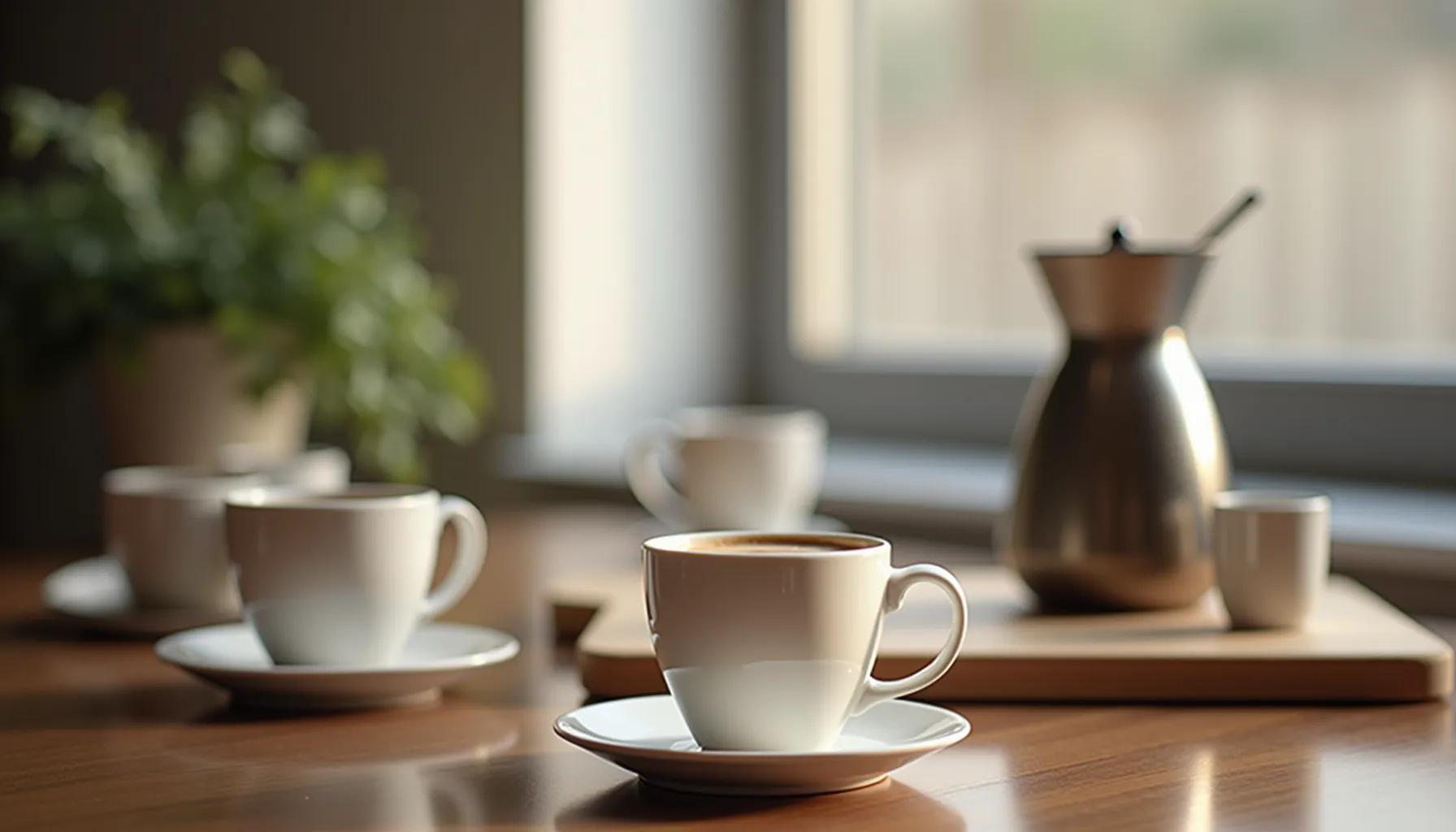 A cozy setting featuring cups and a pot of German coffee on a wooden table near a window.