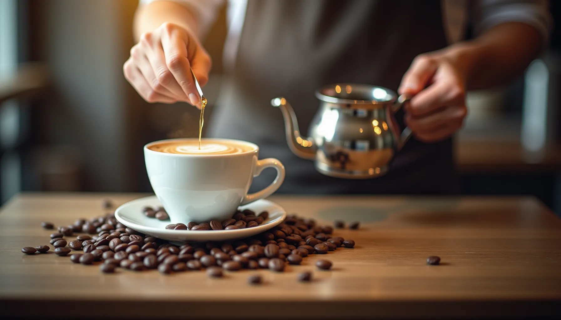 A barista drips syrup into a cup of moongoat coffee surrounded by coffee beans on a wooden table.