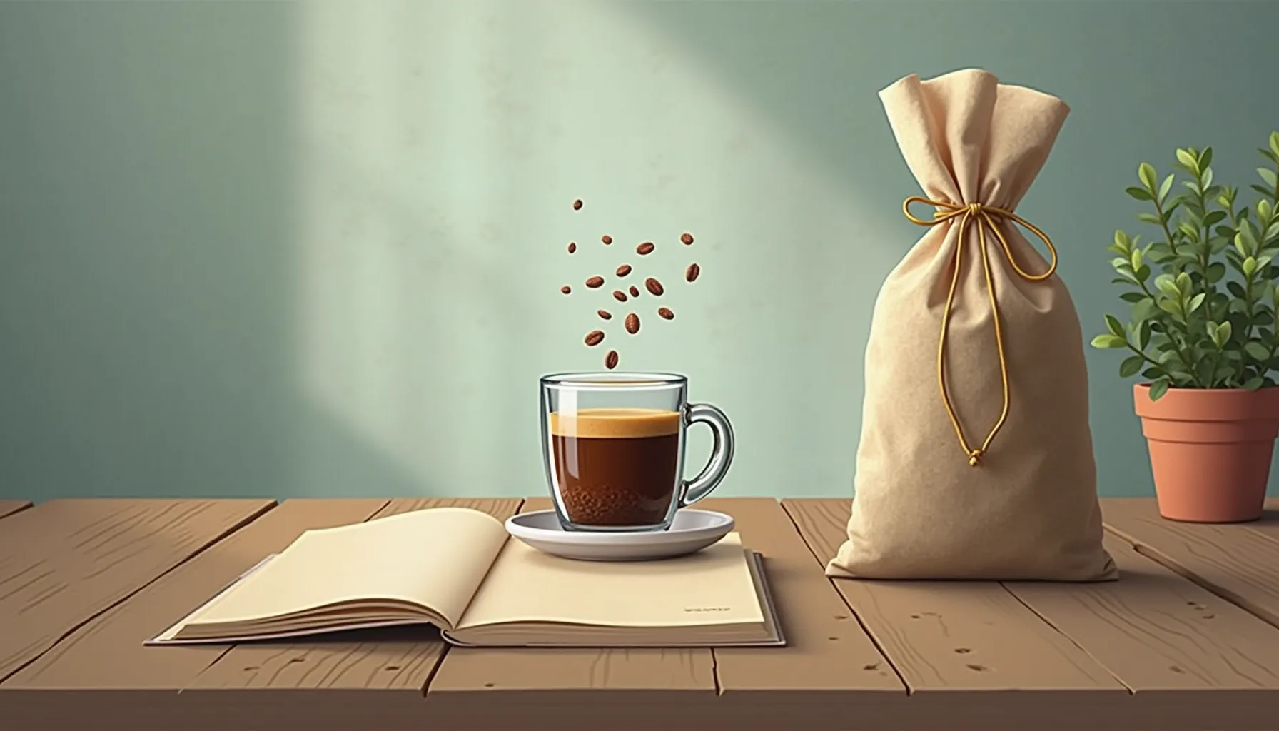 A steaming cup of dollop coffee sits on a wooden table next to an open book and a bag of coffee beans.