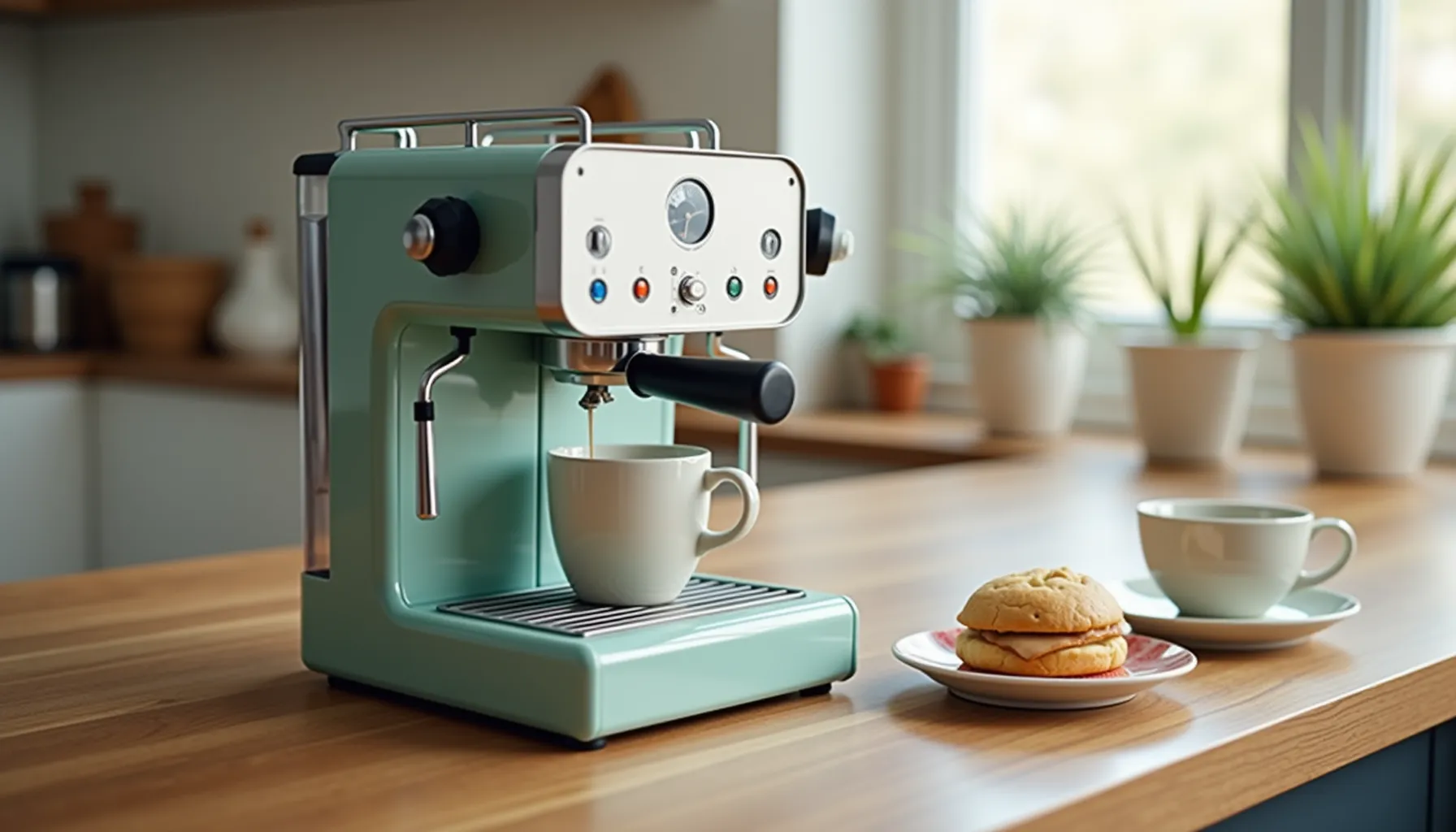 A retro coffee maker sits on a wooden countertop next to a cup and a sandwich on a plate.