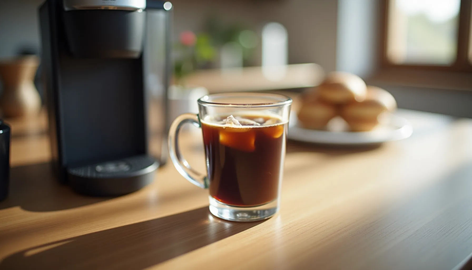 How to make iced coffee with Keurig is demonstrated with a glass of iced coffee on a table.