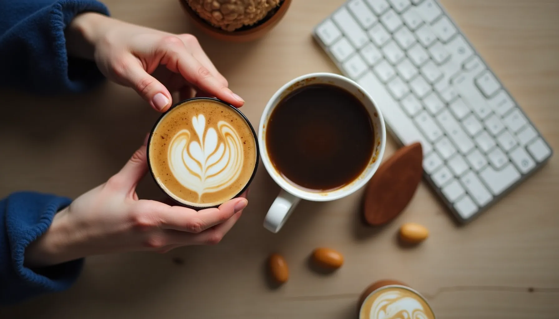 A person holds a cup of chromatic coffee with latte art, next to a dark coffee and a keyboard.