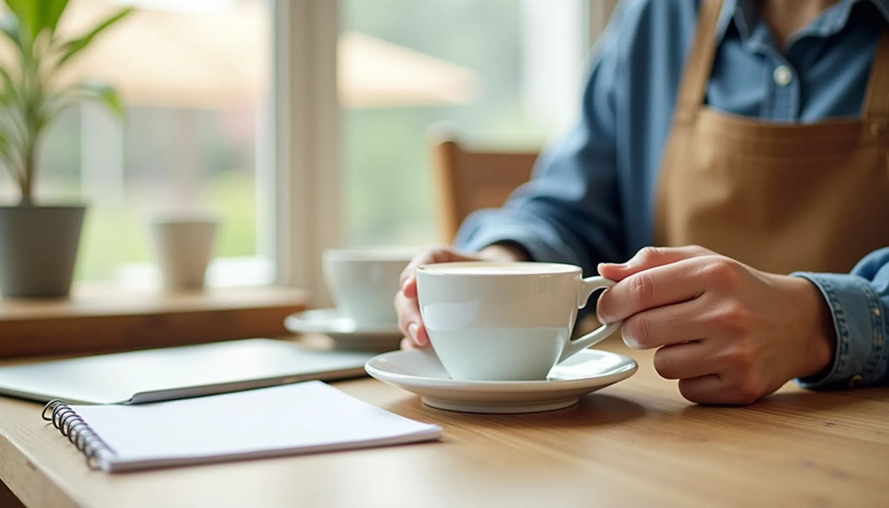 A person enjoying a cup of yellowhammer coffee at a wooden table by a window.