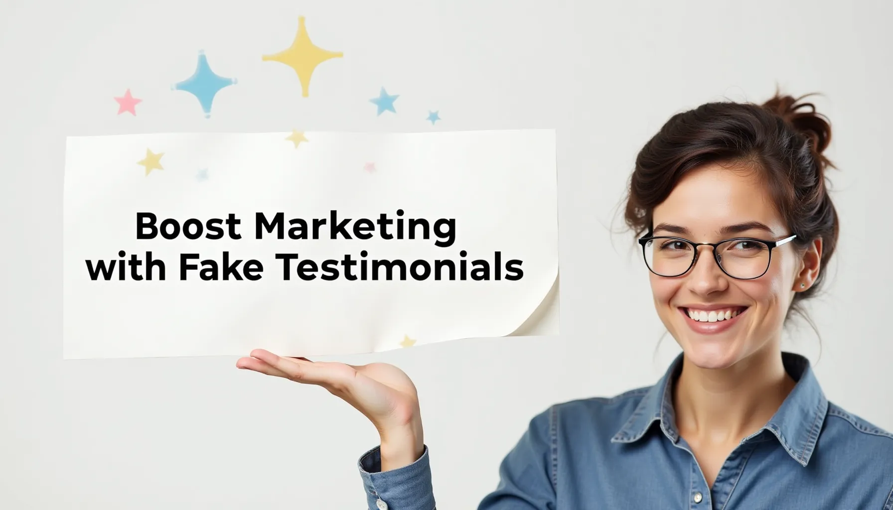 A smiling woman holds a sign that promotes a fake testimonials generator for marketing success.