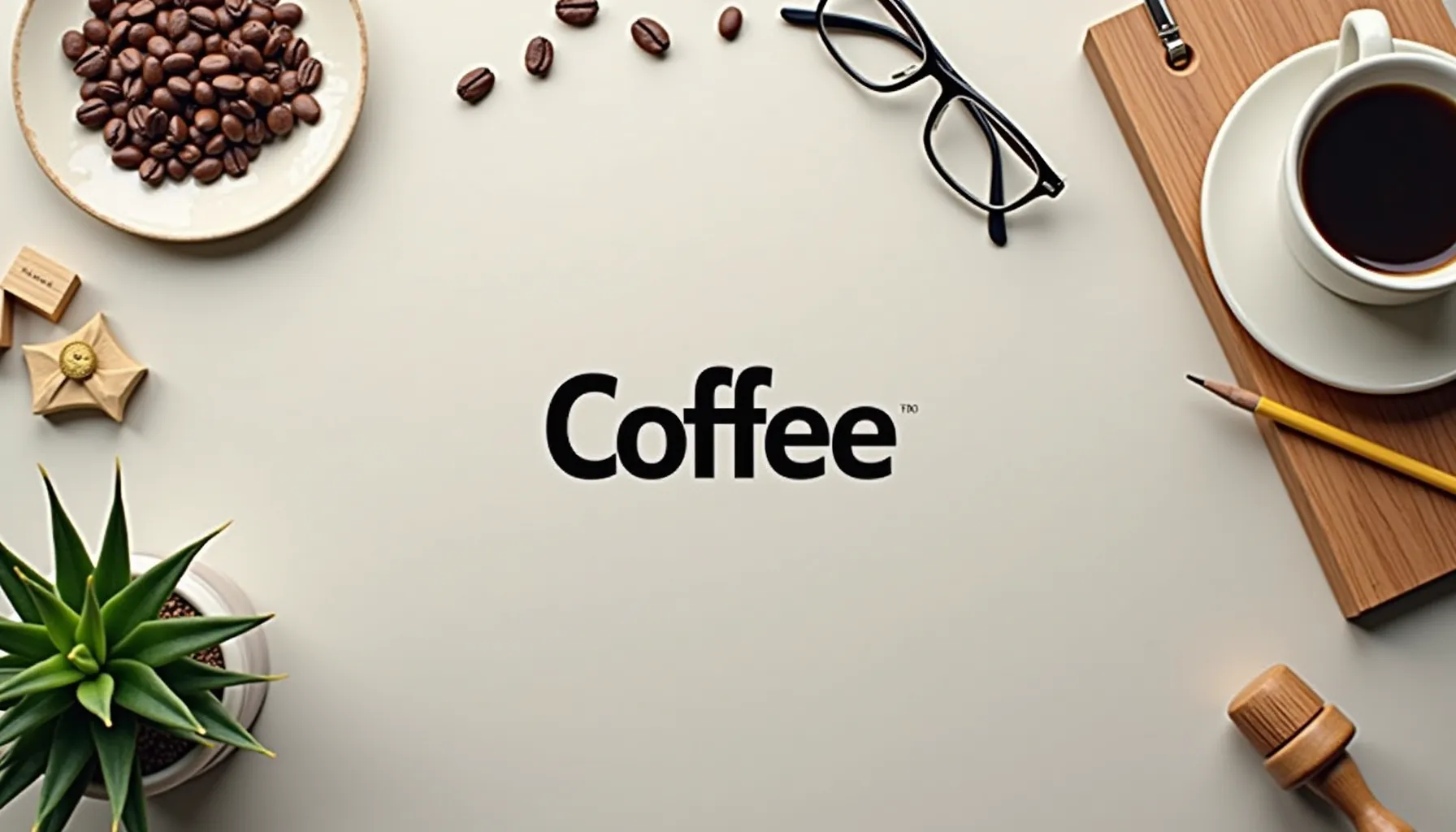 An artistic arrangement featuring coffee beans and the text 