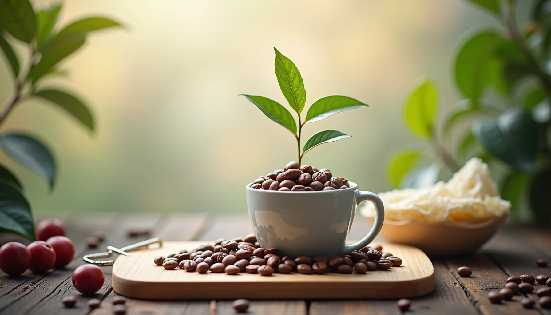 A cup filled with coffee beans and a small plant symbolizes partners coffee and sustainable growth.