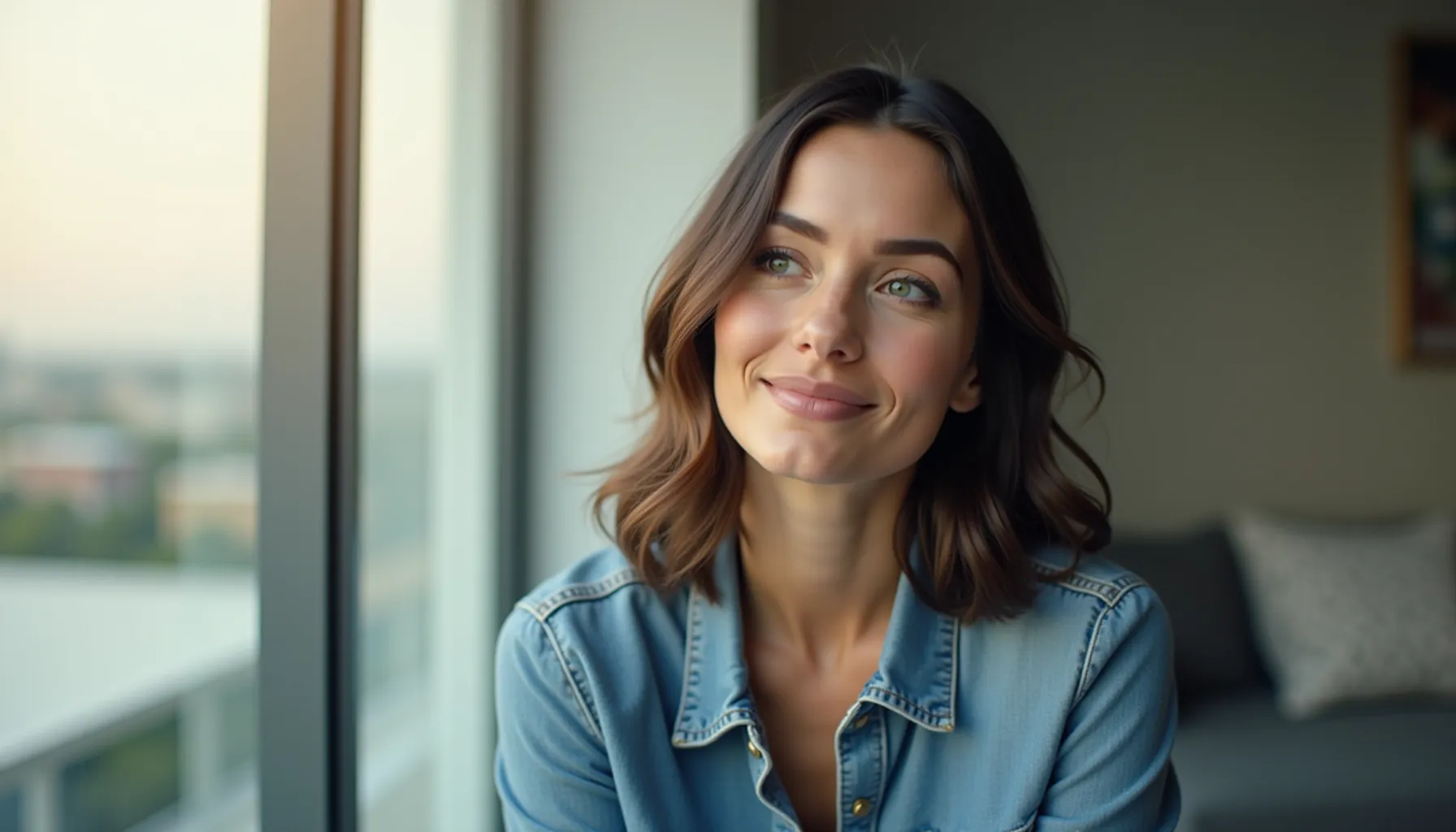 Peyton Coffee nude, smiling by a window with soft natural light highlighting her features.