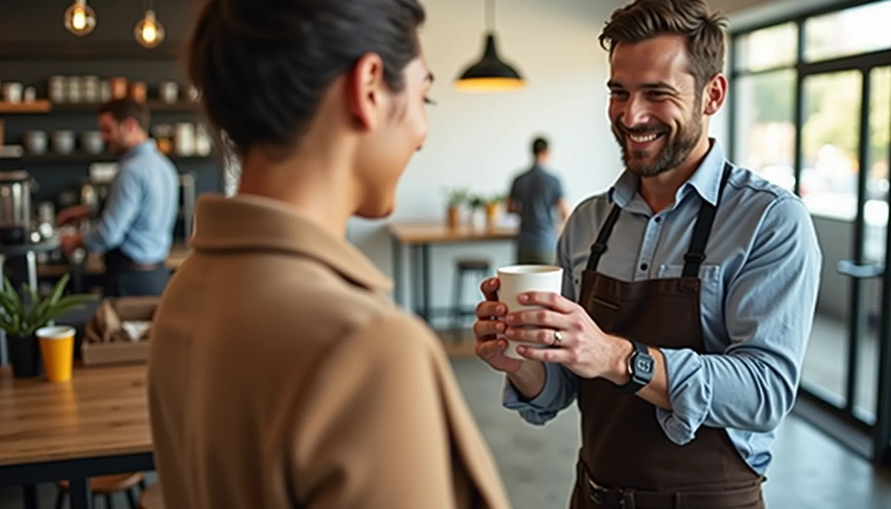 A friendly barista serves a drink to a customer in one of the coffee shops Springfield MO.