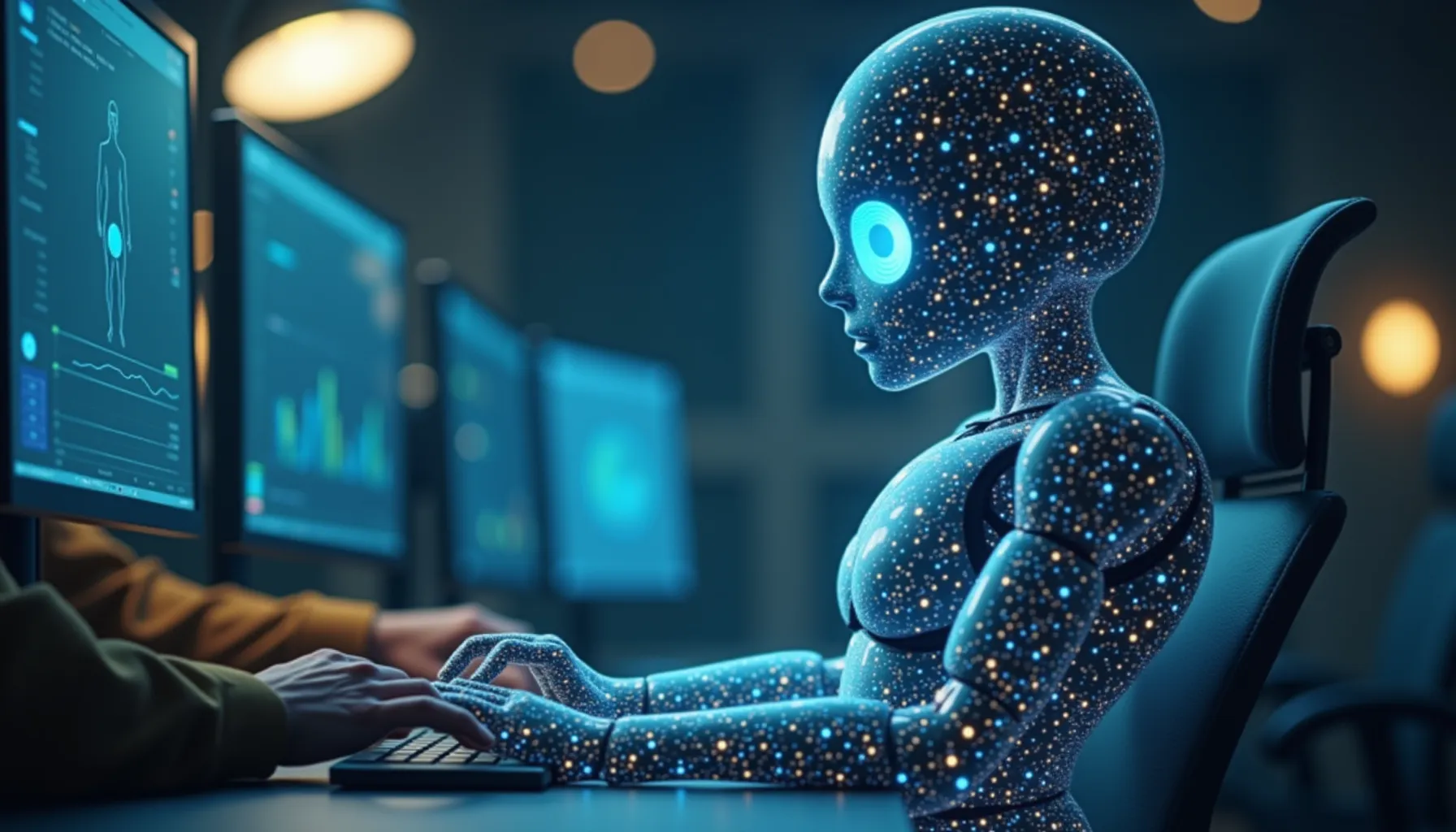A futuristic robot interacts with screens, showcasing advanced ai personal assistant software capabilities.