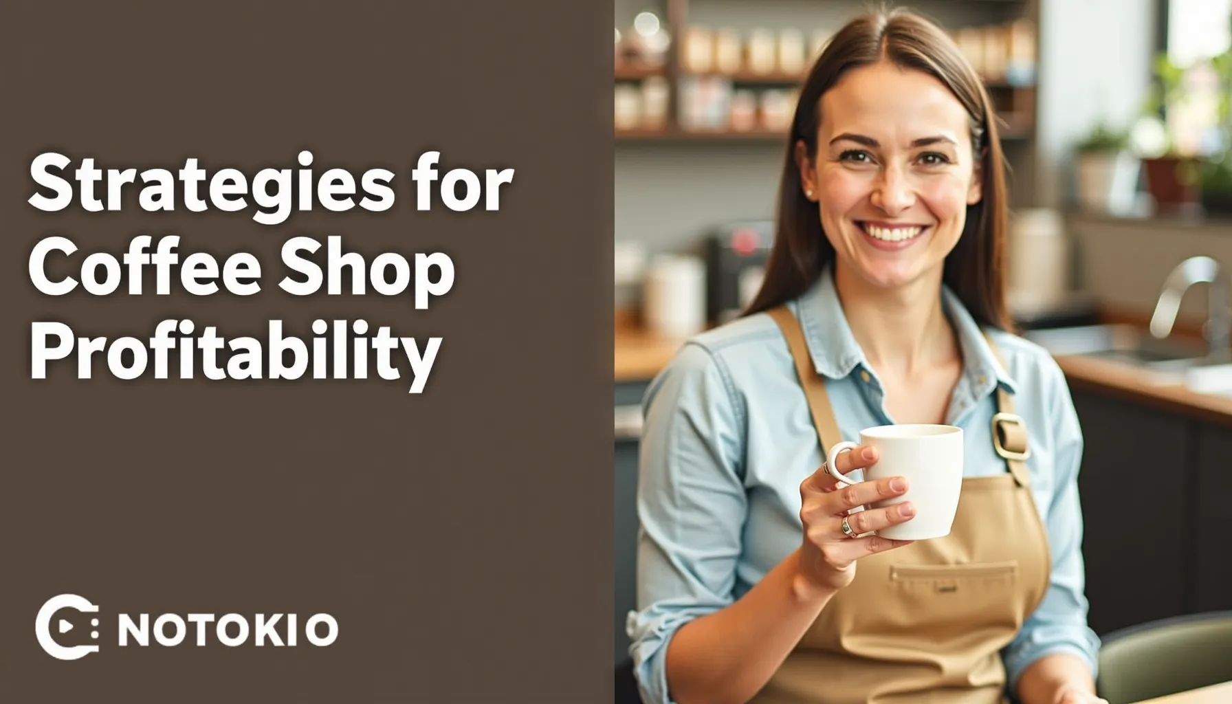 A smiling barista holds a coffee cup, pondering how can I make my coffee shop profitable?