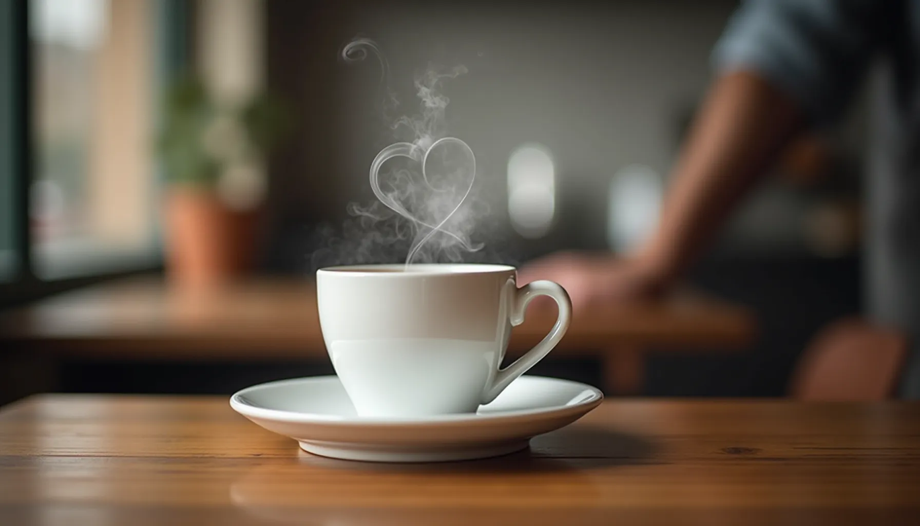 A heart-shaped steam rises from a cup of wormhole coffee sitting on a wooden table.