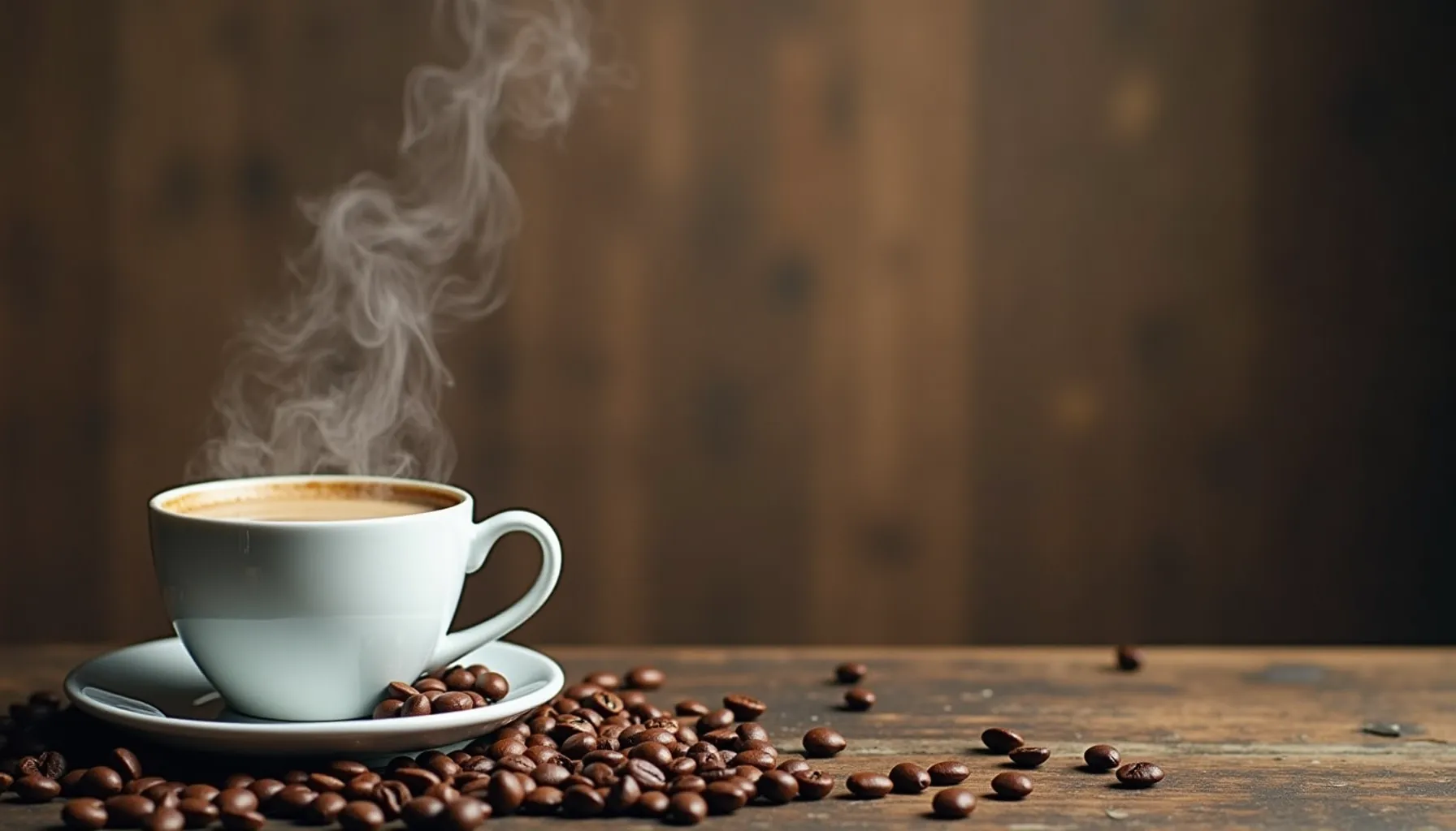 A steaming cup of greater goods coffee surrounded by coffee beans on a rustic wooden table.