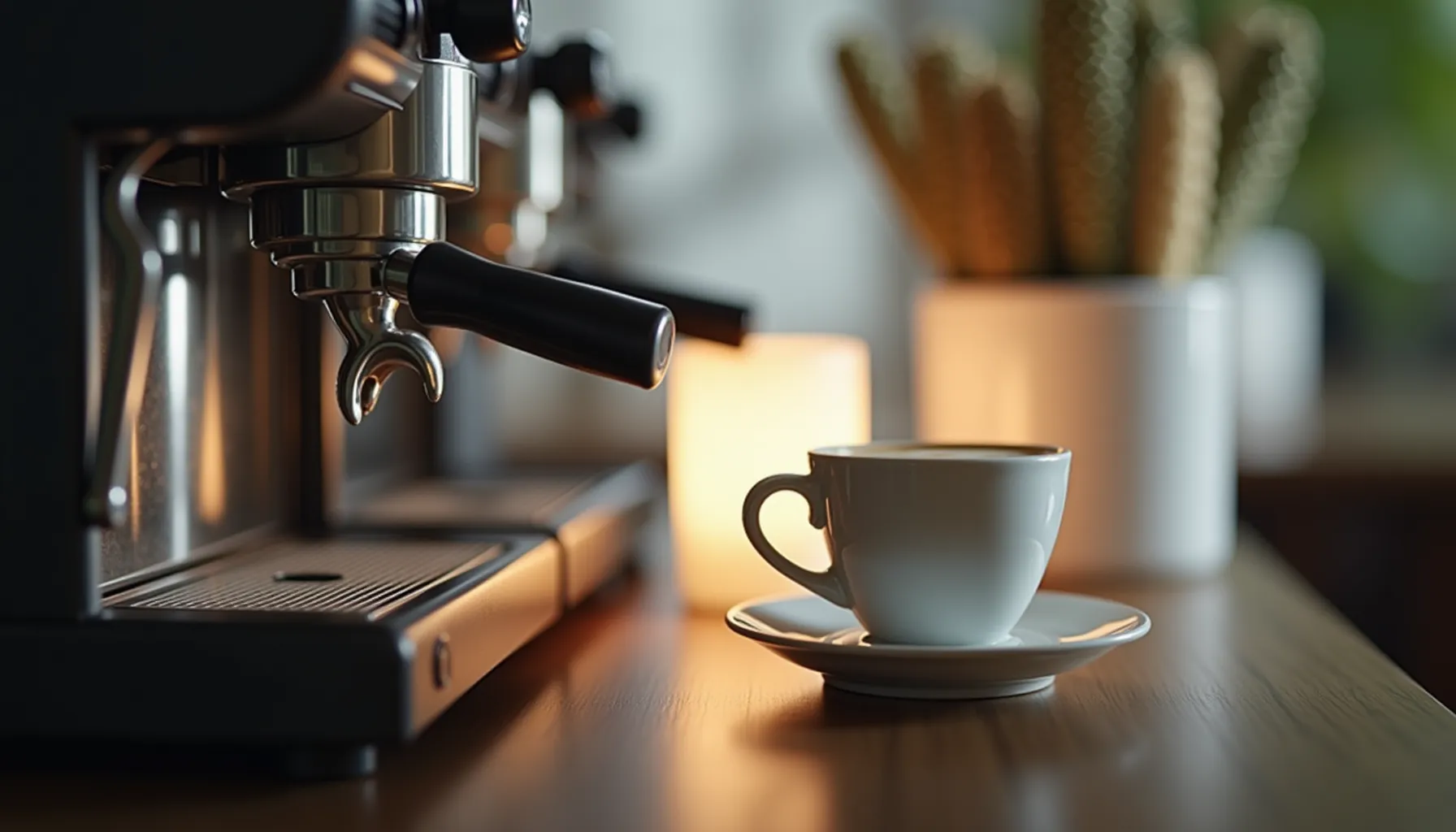 A fresh cup of aroom coffee sits on a wooden table beside an espresso machine and soft lighting.