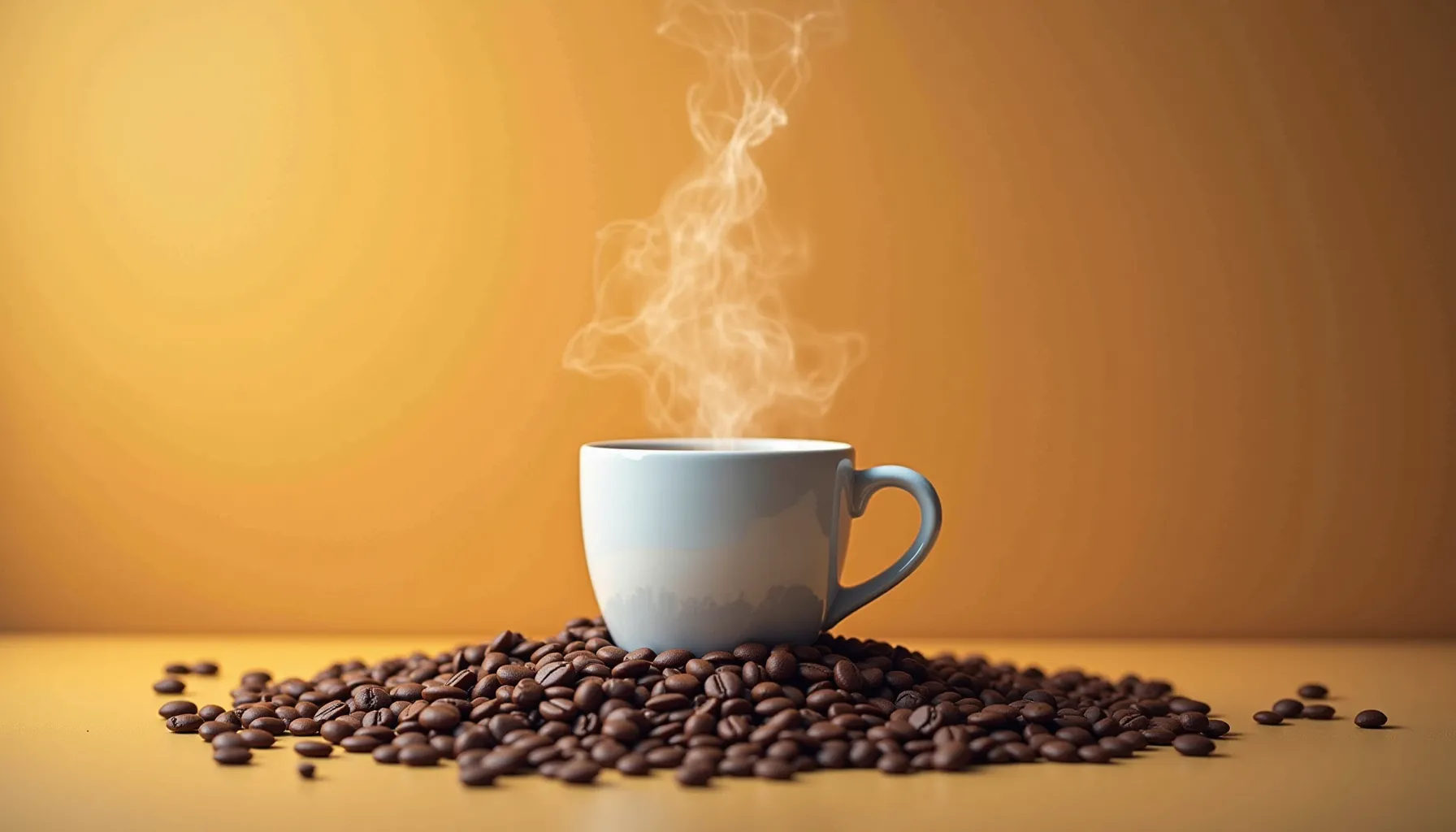 A steaming cup of utica coffee sits atop a mound of rich coffee beans against a warm background.