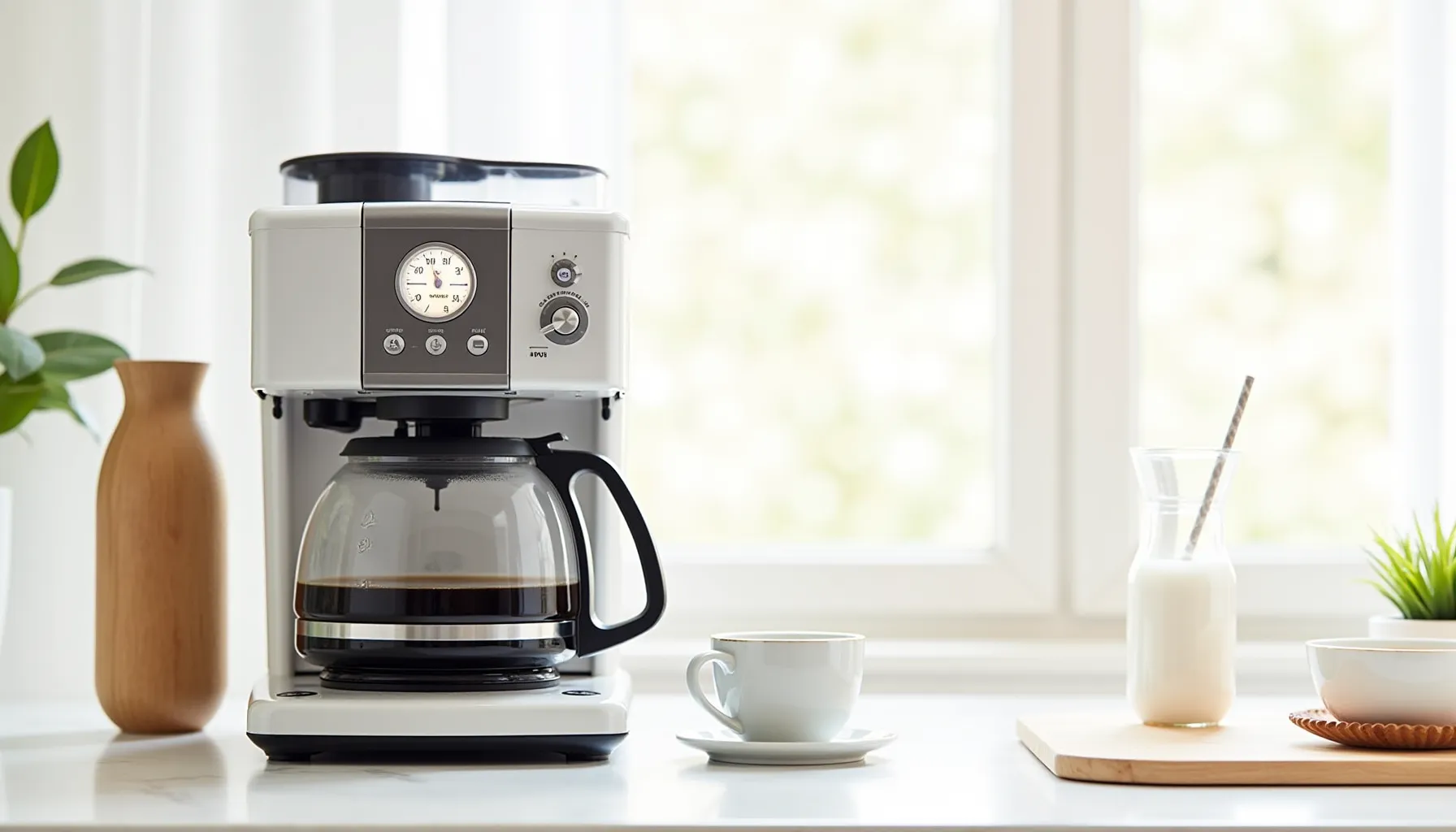 Cuisinart coffee maker parts displayed beside a brewing coffee pot and a cup on a table.