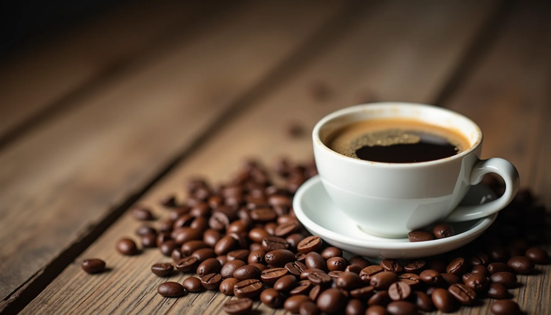 A white cup of alma coffee sits on a saucer surrounded by scattered coffee beans on a wooden surface.