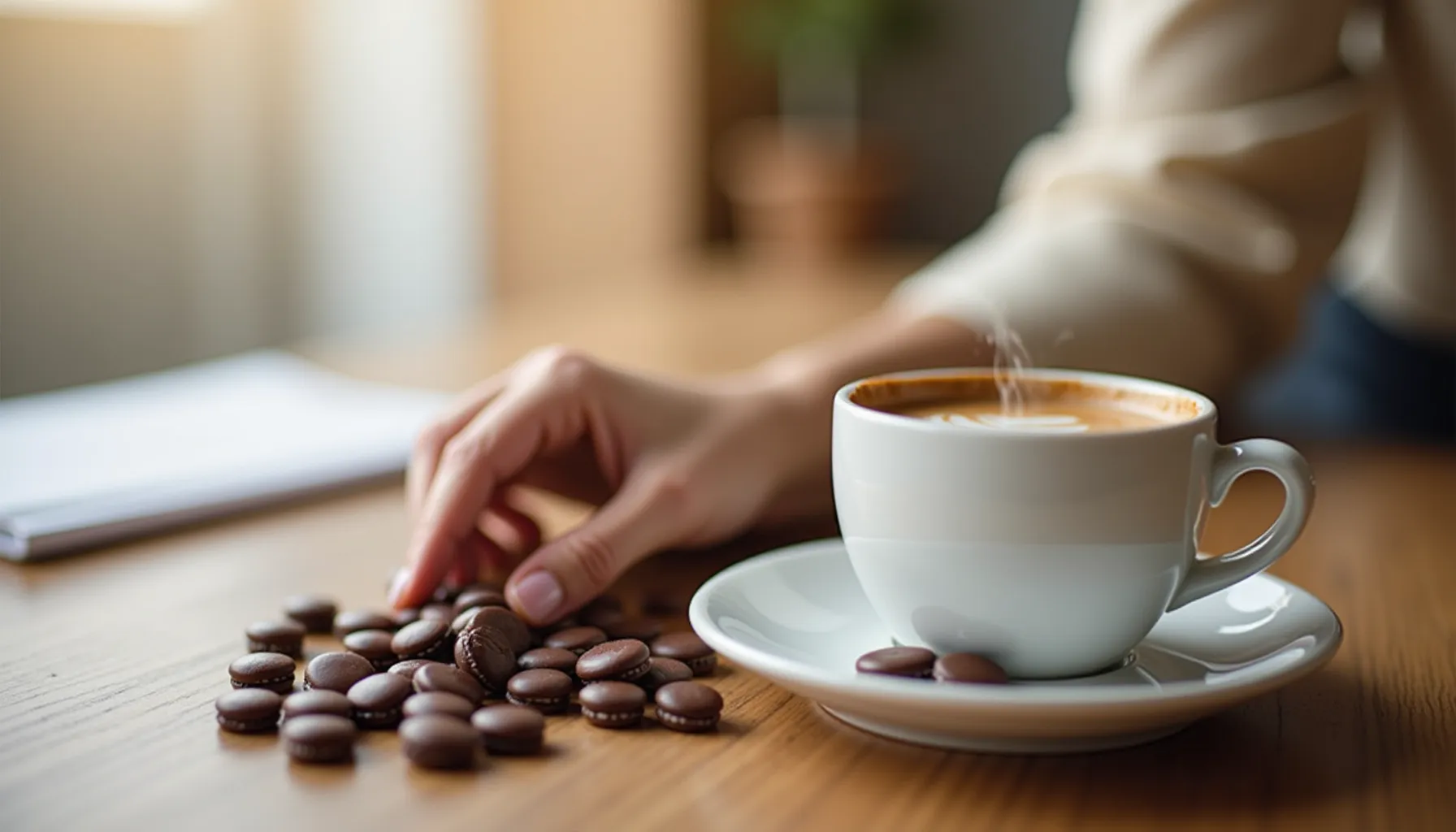 A steaming cup of coffee m&m sits on a table with scattered coffee m&m beside it.