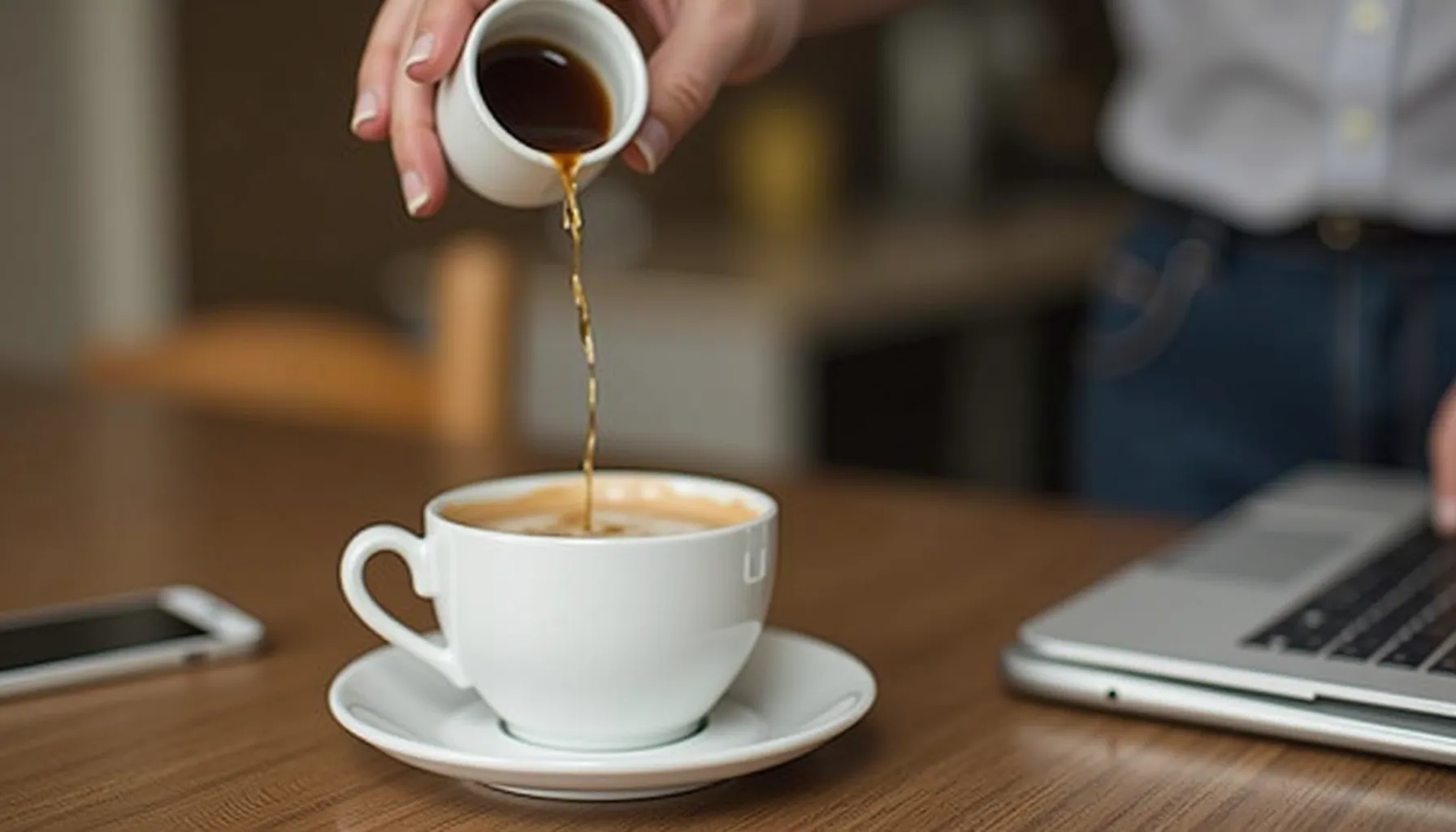 A person pours rich coffee into a white cup at a café named Woods Coffee.