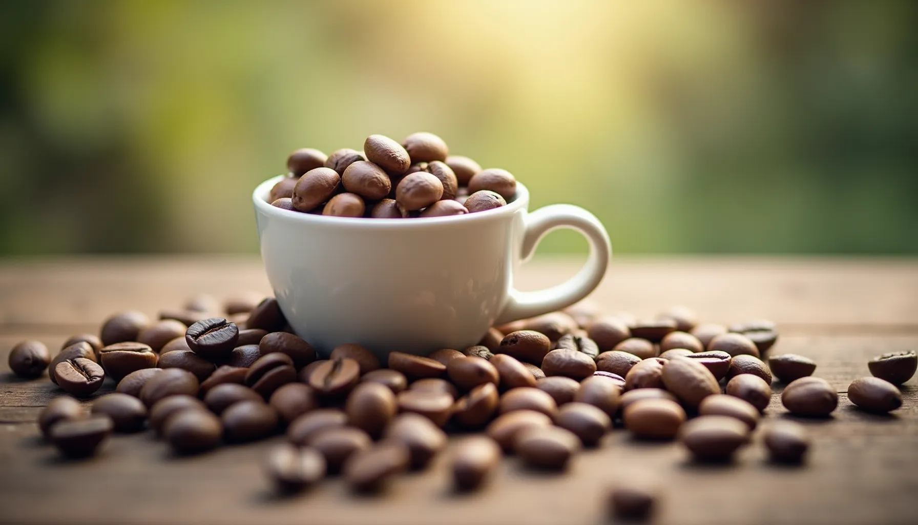 A white cup overflowing with sey coffee beans sits on a wooden table, surrounded by more beans.