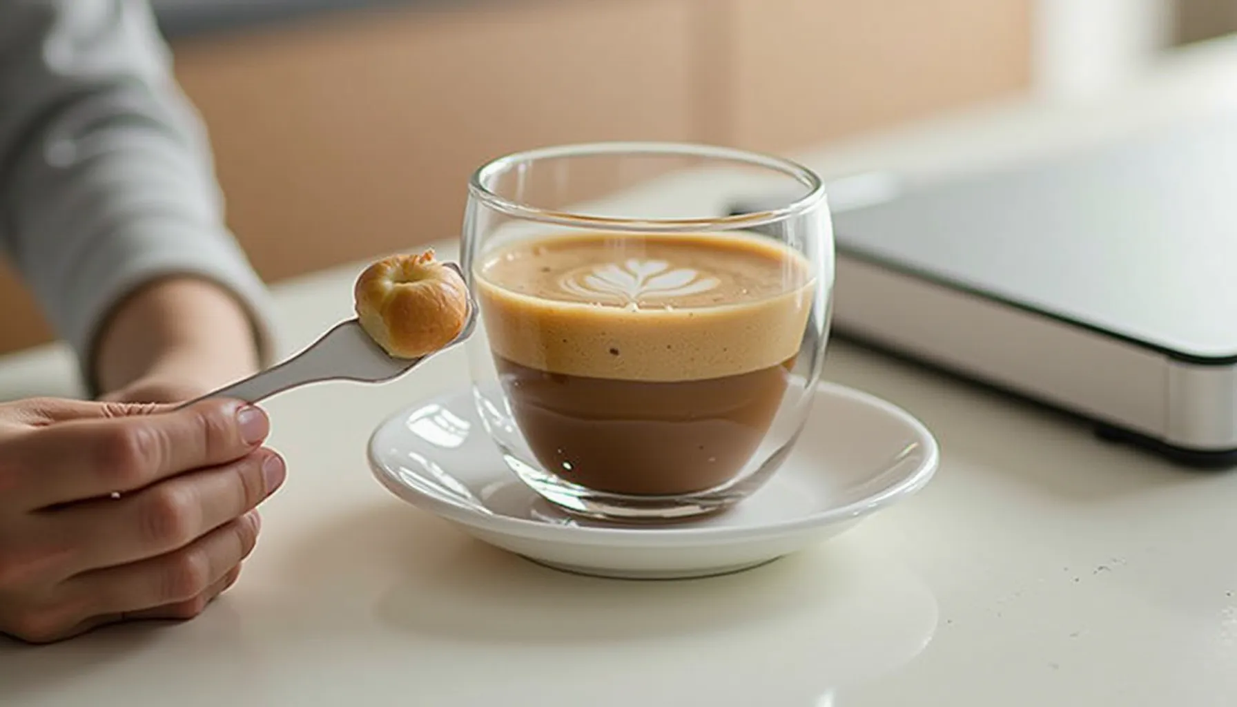 A hand holds a spoon with a pastry next to a cup of coffee from Bones Coffee Company.