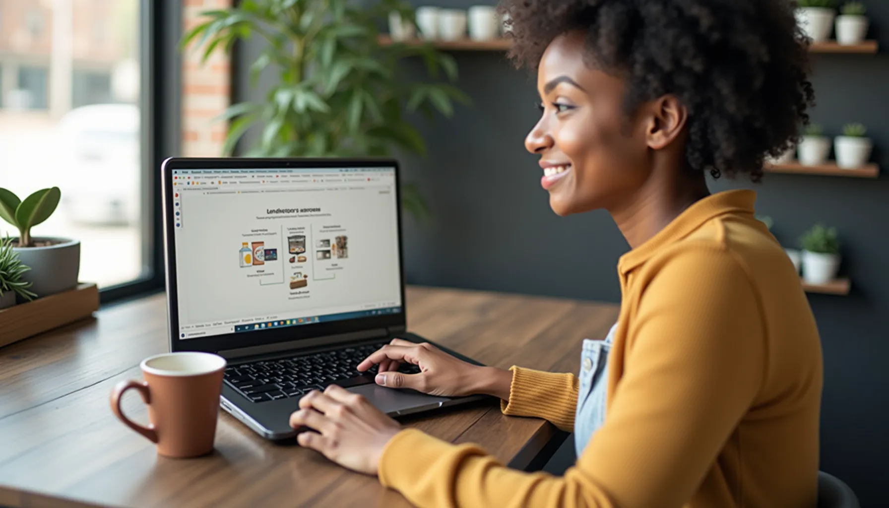 A woman smiles while developing a coffee shop business plan on her laptop in a cozy café.