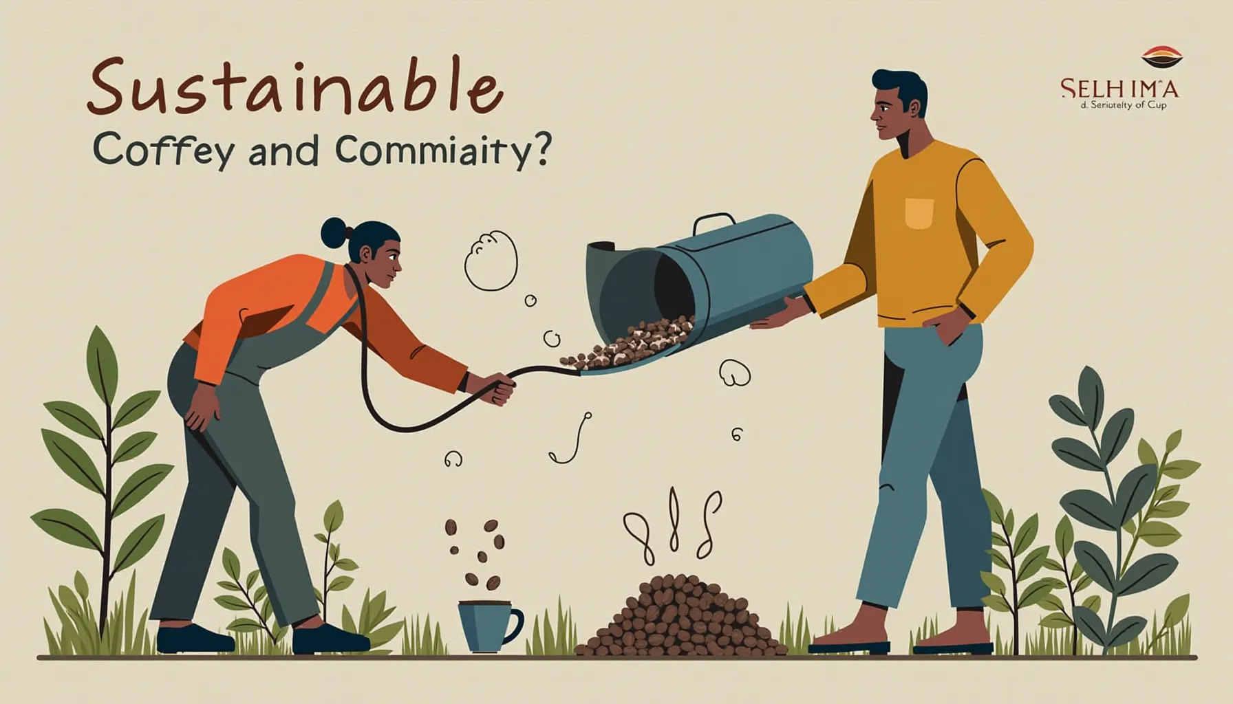 Illustration of two individuals working together to promote sustainable practices in partners coffee.