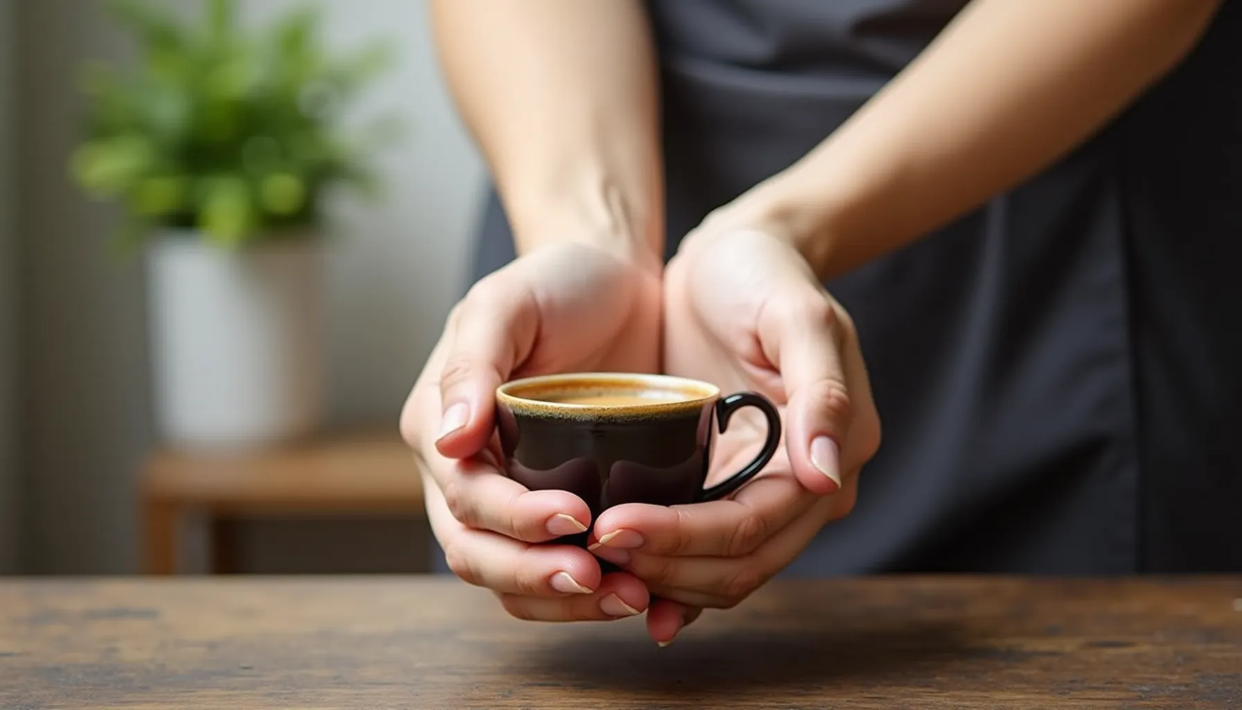 A person holding a small cup of kean coffee, showcasing the rich brew in their hands.