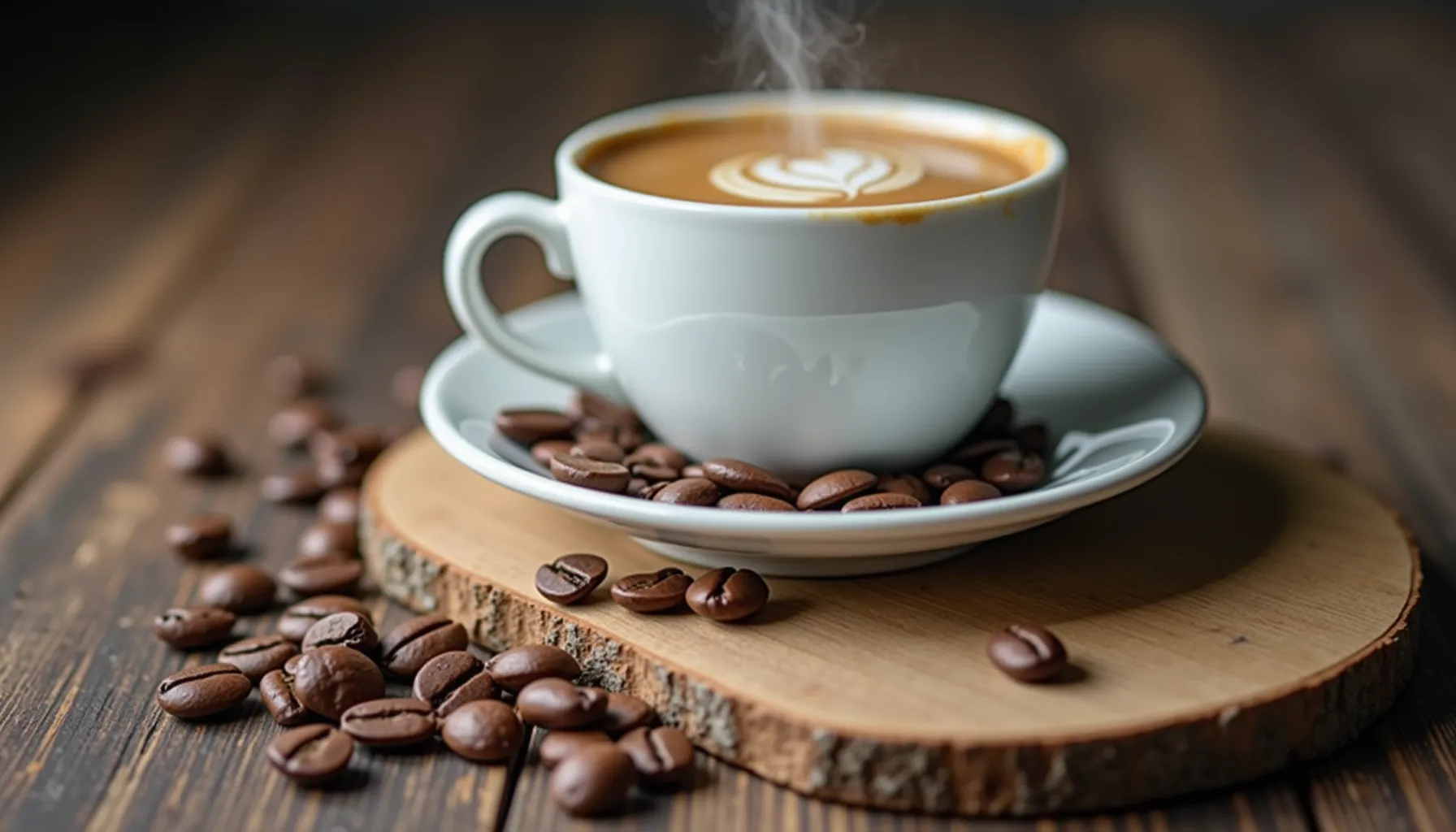 A steaming cup of sanka coffee sits atop a wooden coaster surrounded by coffee beans.