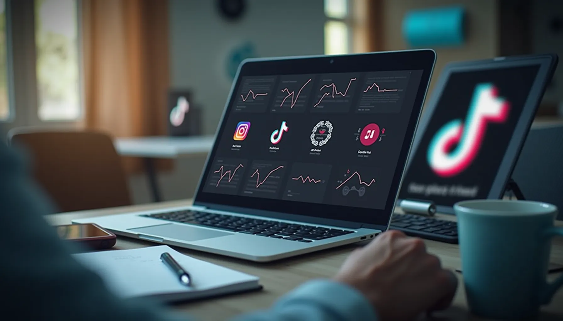 A person analyzing TikTok analytics on a laptop, exploring TikTok video scripts AI insights.