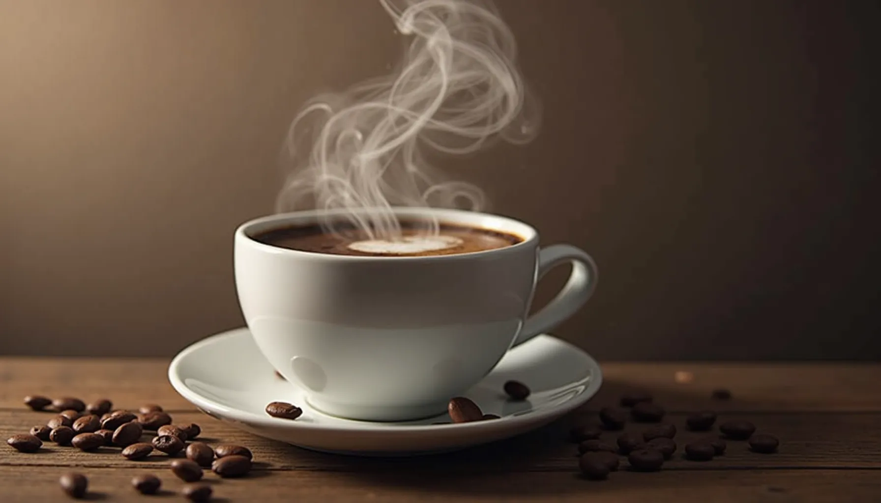 A steaming cup of coffee on a wooden table, showcasing the black rock coffee menu.