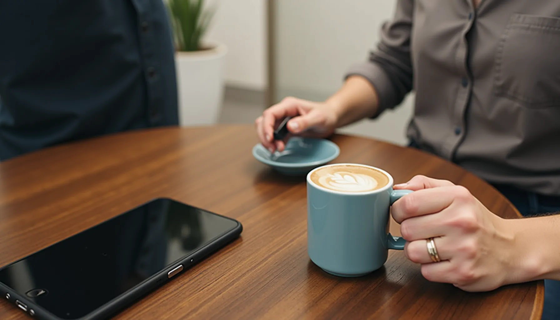 A warm cup of Austins coffee sits on a wooden table beside a smartphone and a plate.