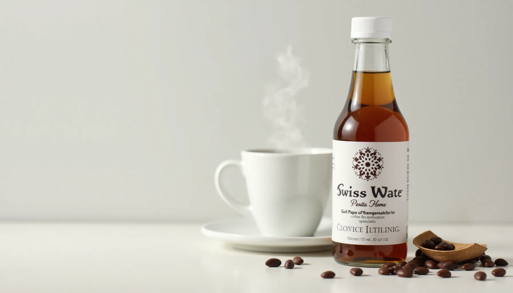 A bottle of Swiss Water Decaf Coffee next to a steaming cup and scattered coffee beans on the table.