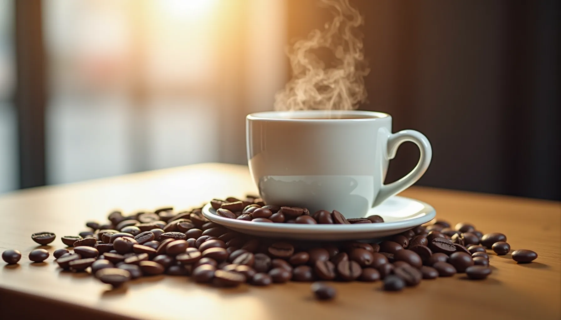 A steaming cup of highwire coffee sits on a saucer surrounded by coffee beans on a wooden table.