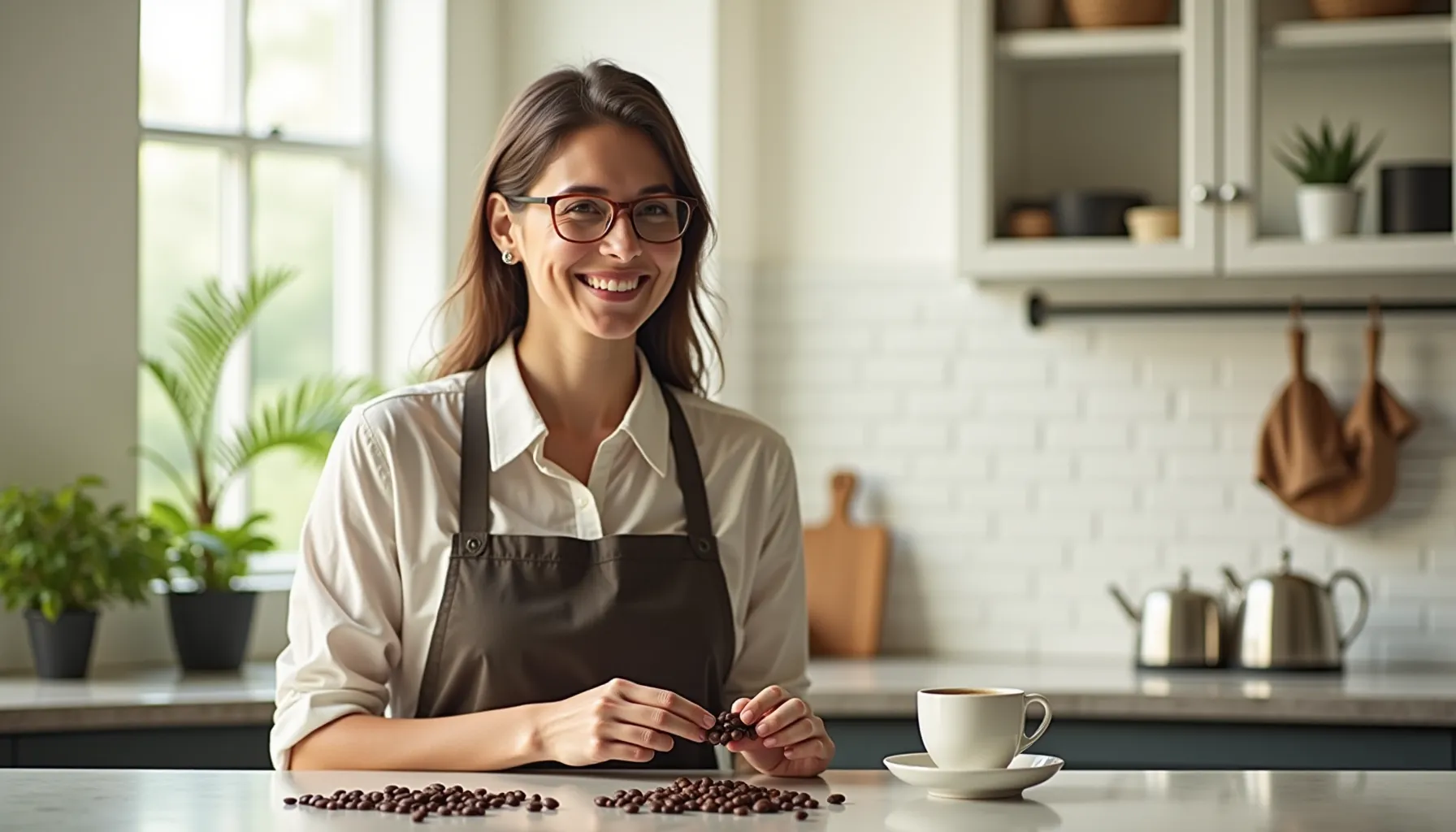 A smiling woman arranges coffee beans while showcasing her love for alma coffee in a bright kitchen.